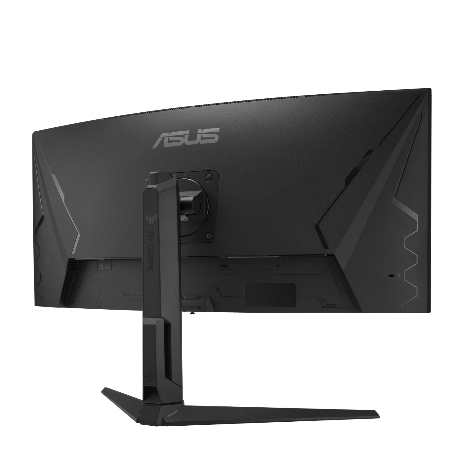 Achteraanzicht van een zwarte ASUS gaming monitor. Het heeft een standaard met het 'TUF GAMING' logo en poorten.