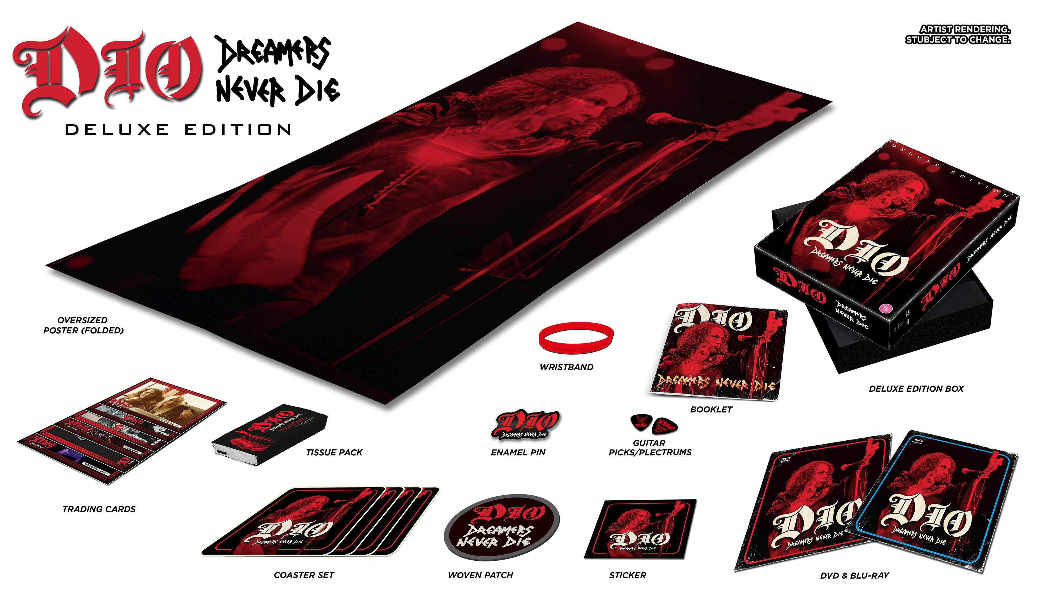 Deluxe Edition Box Set für Dios Album Dreamers Never Die, mit verschiedenen Artikeln.