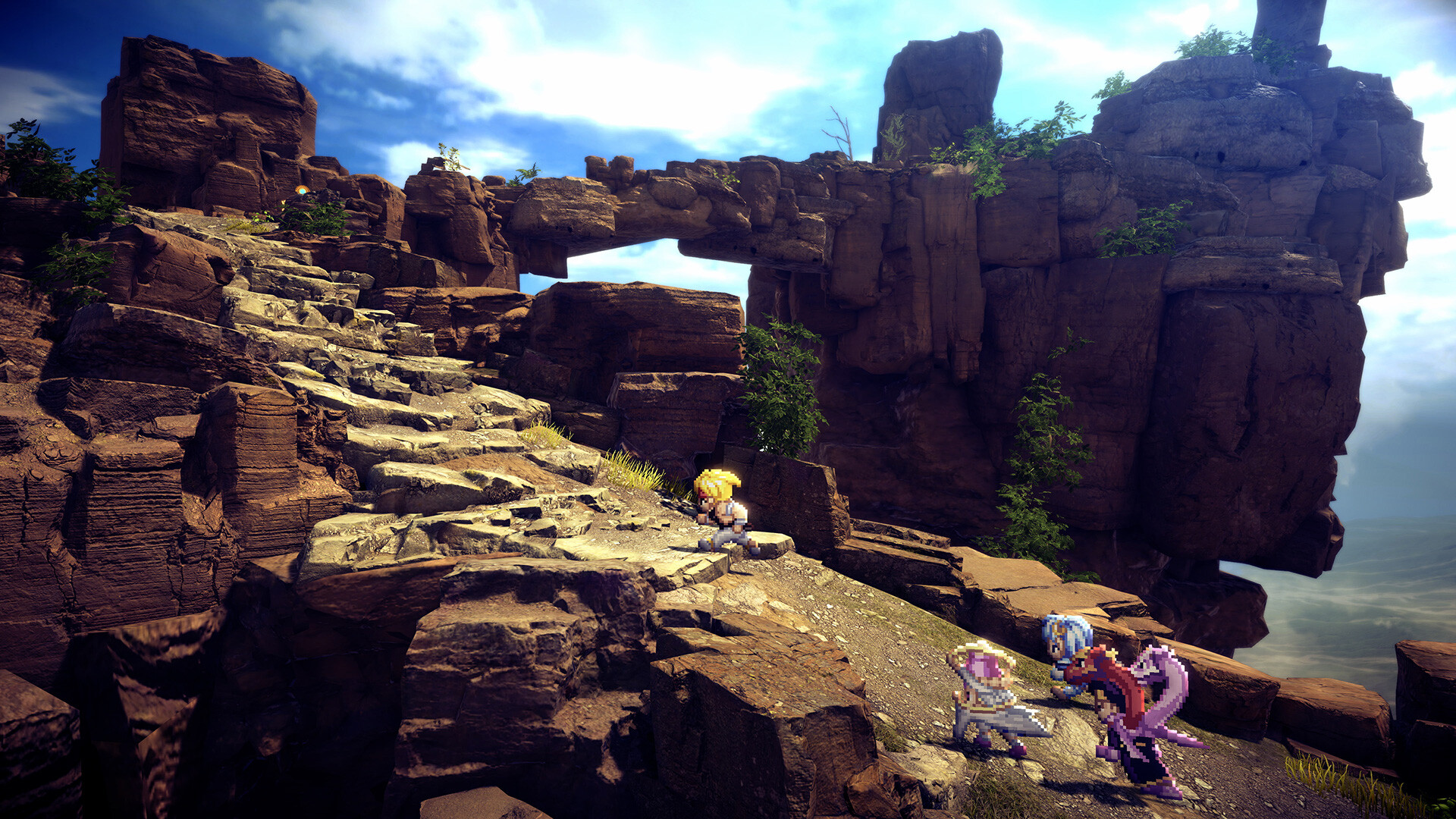 Personaggi anime seduti su rocce su una montagna con un arco naturale sullo sfondo.
