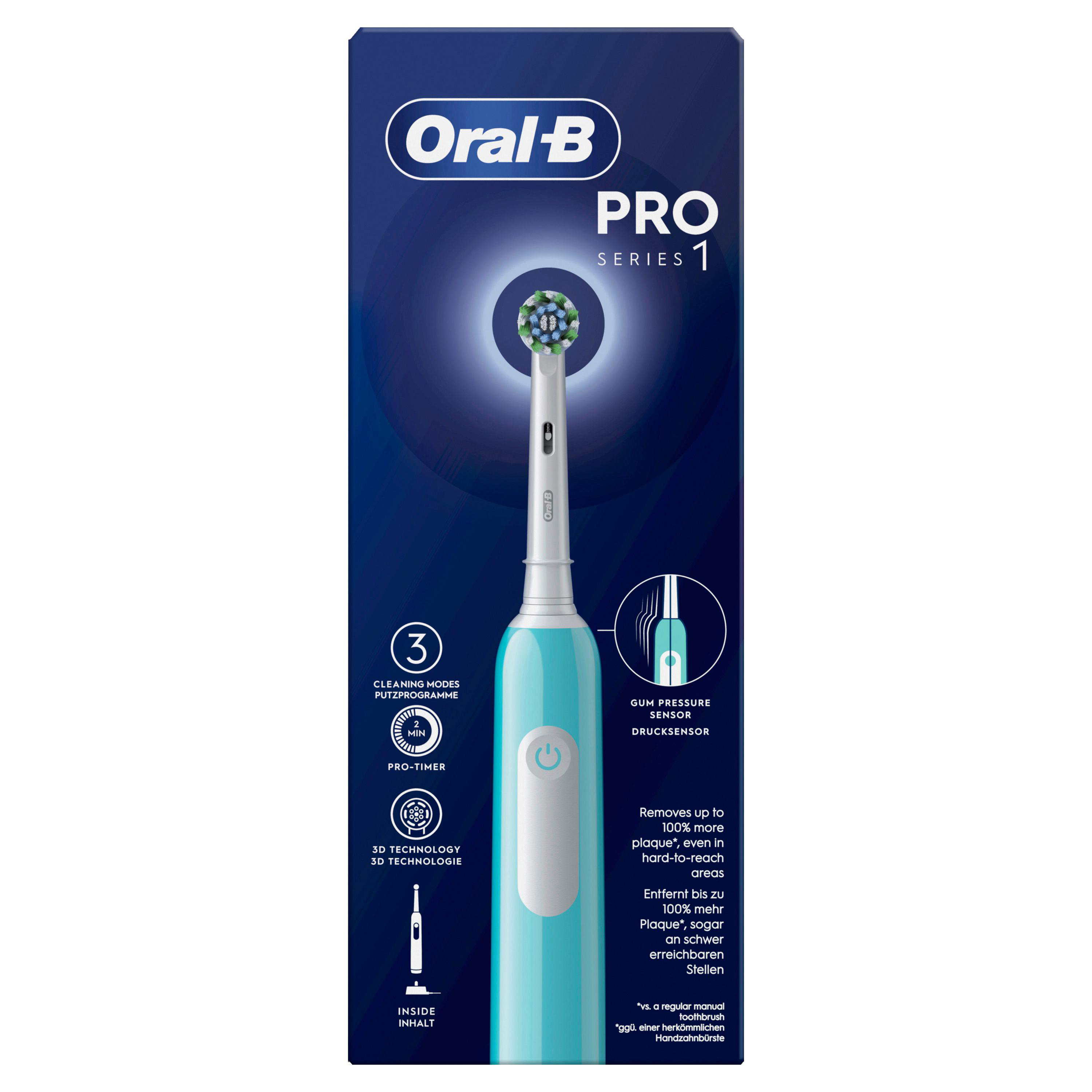 Eine elektrische Zahnbürste Oral-B Pro Series 1. Sie ist hellblau mit einem grünen Bürstenkopf.