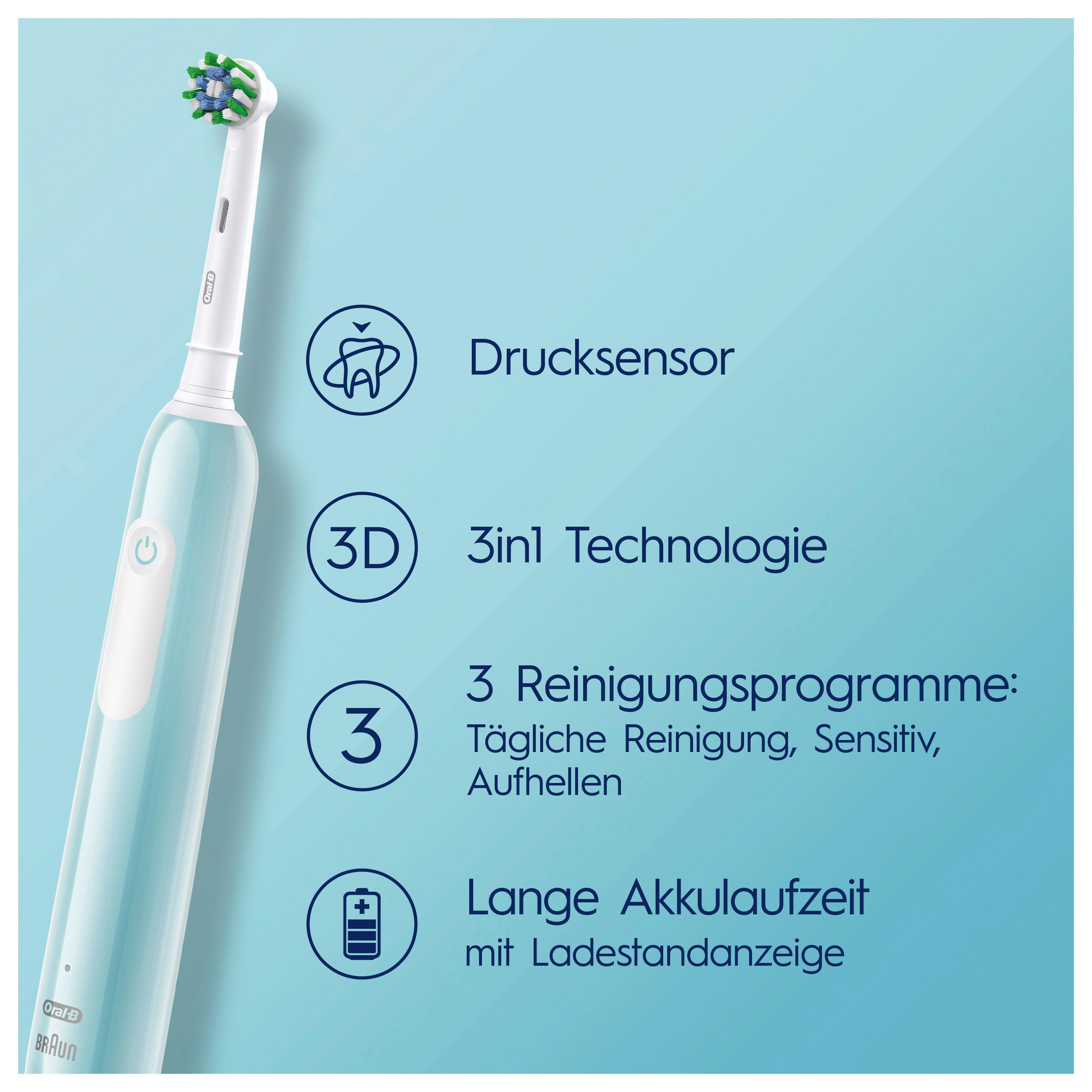 Blaue elektrische Zahnbürste mit Text, der Funktionen auf blauem Hintergrund beschreibt.