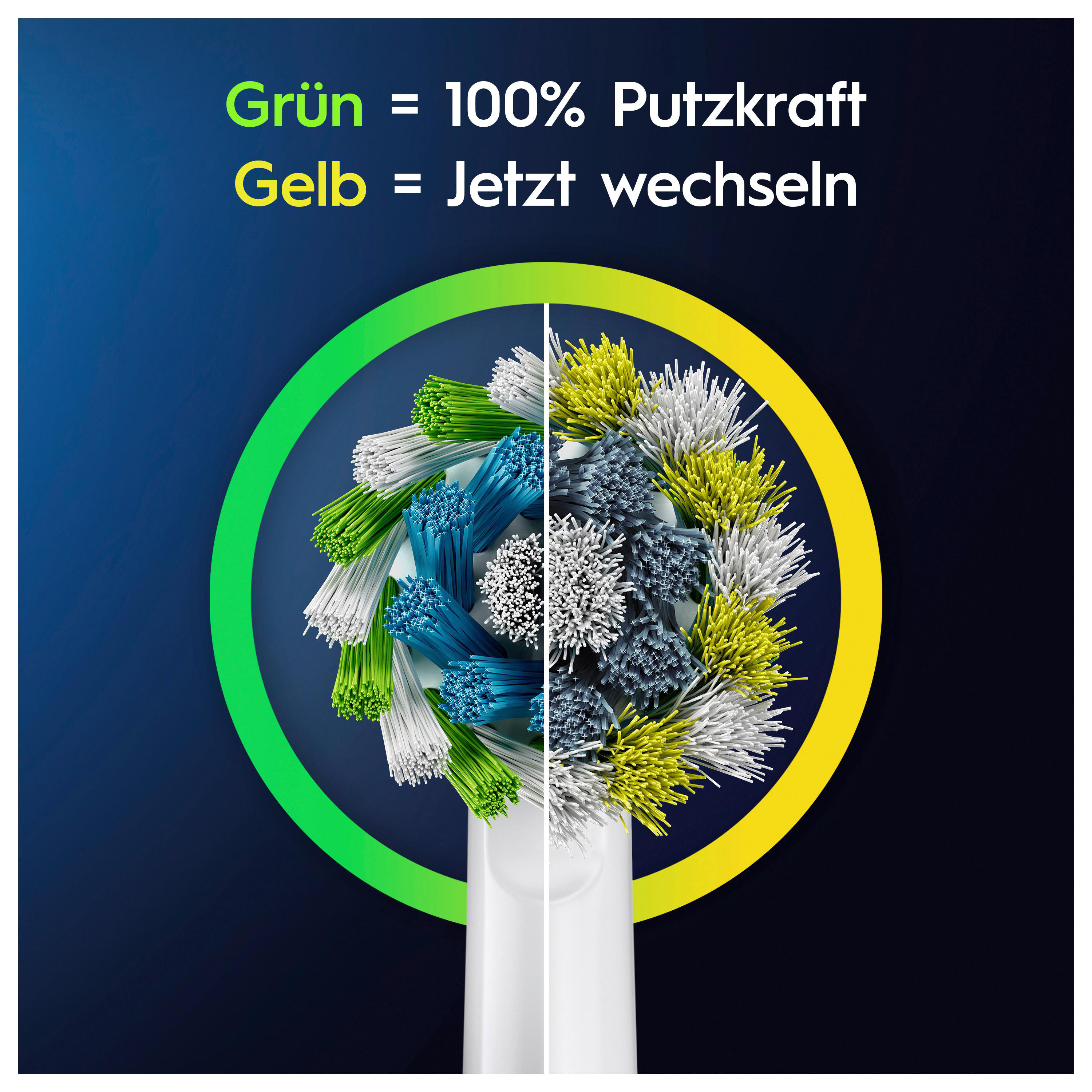 Nahaufnahme eines Zahnbürstenkopfes, der in zwei Hälften geteilt ist, die linke Seite ist grün, die rechte gelb.