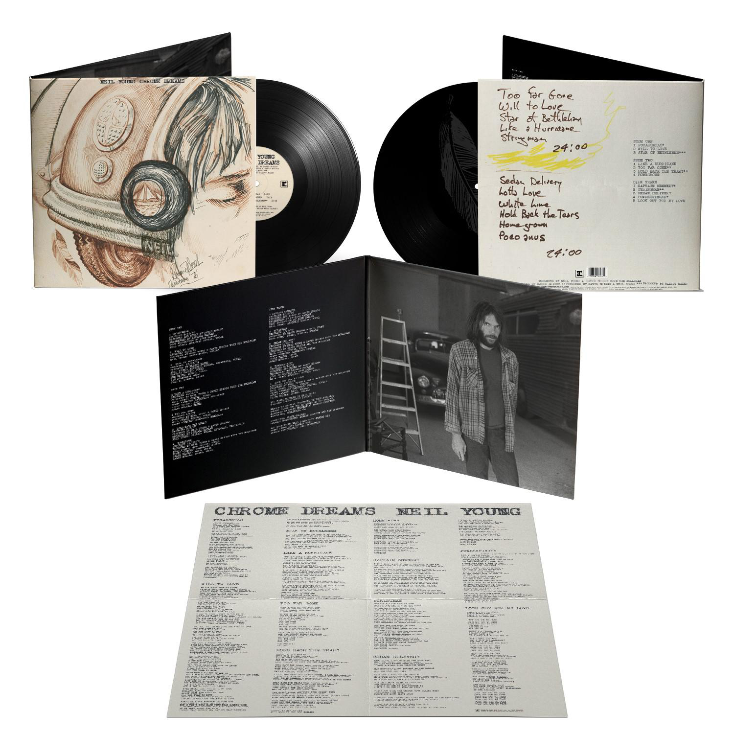 Neil Youngs 'Chrome Dreams' Vinylalbum, Cover-Art, Textblatt und Vinylplatte.