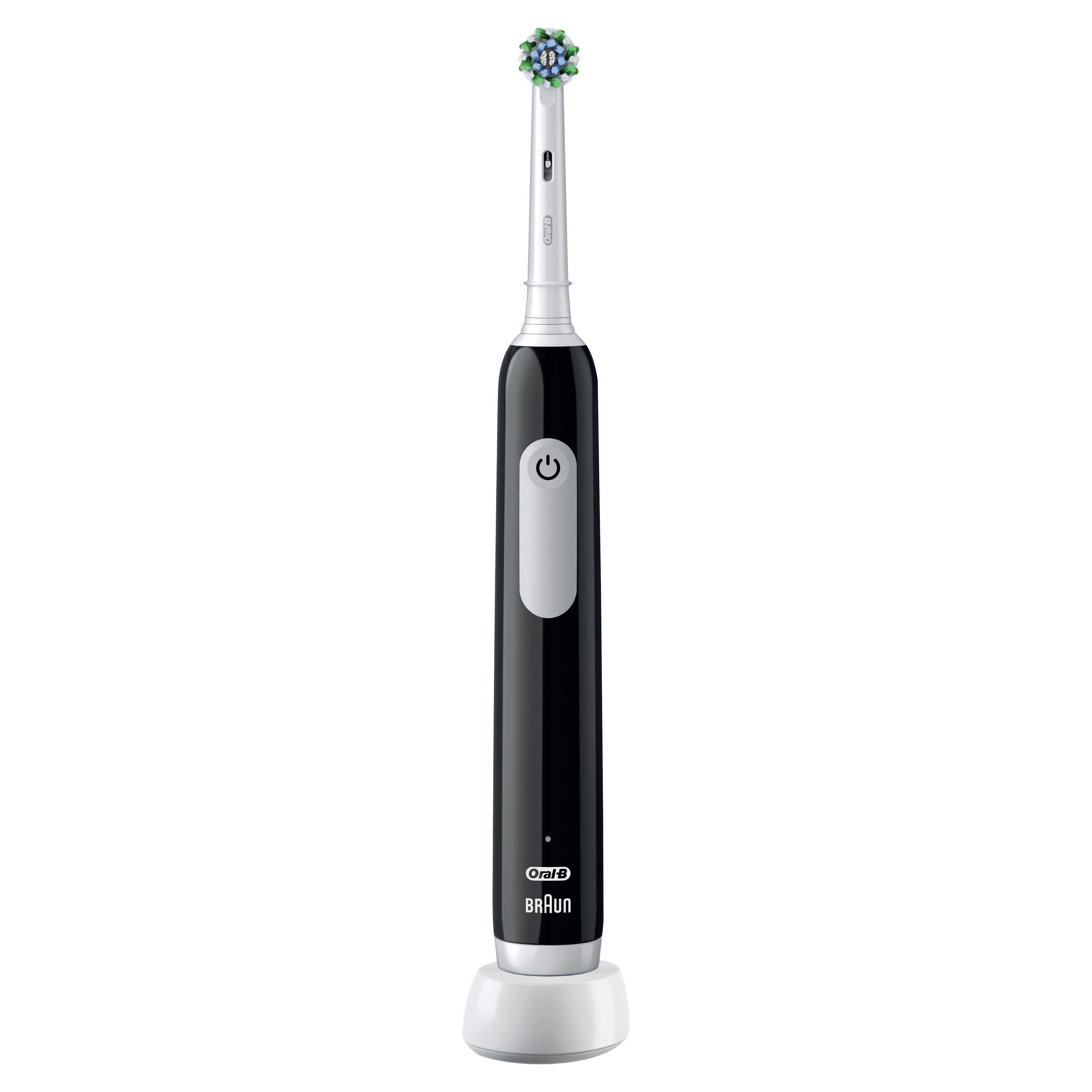 Schwarz-weiße elektrische Zahnbürste auf weißer Ladestation, mit dem Oral-B-Logo.