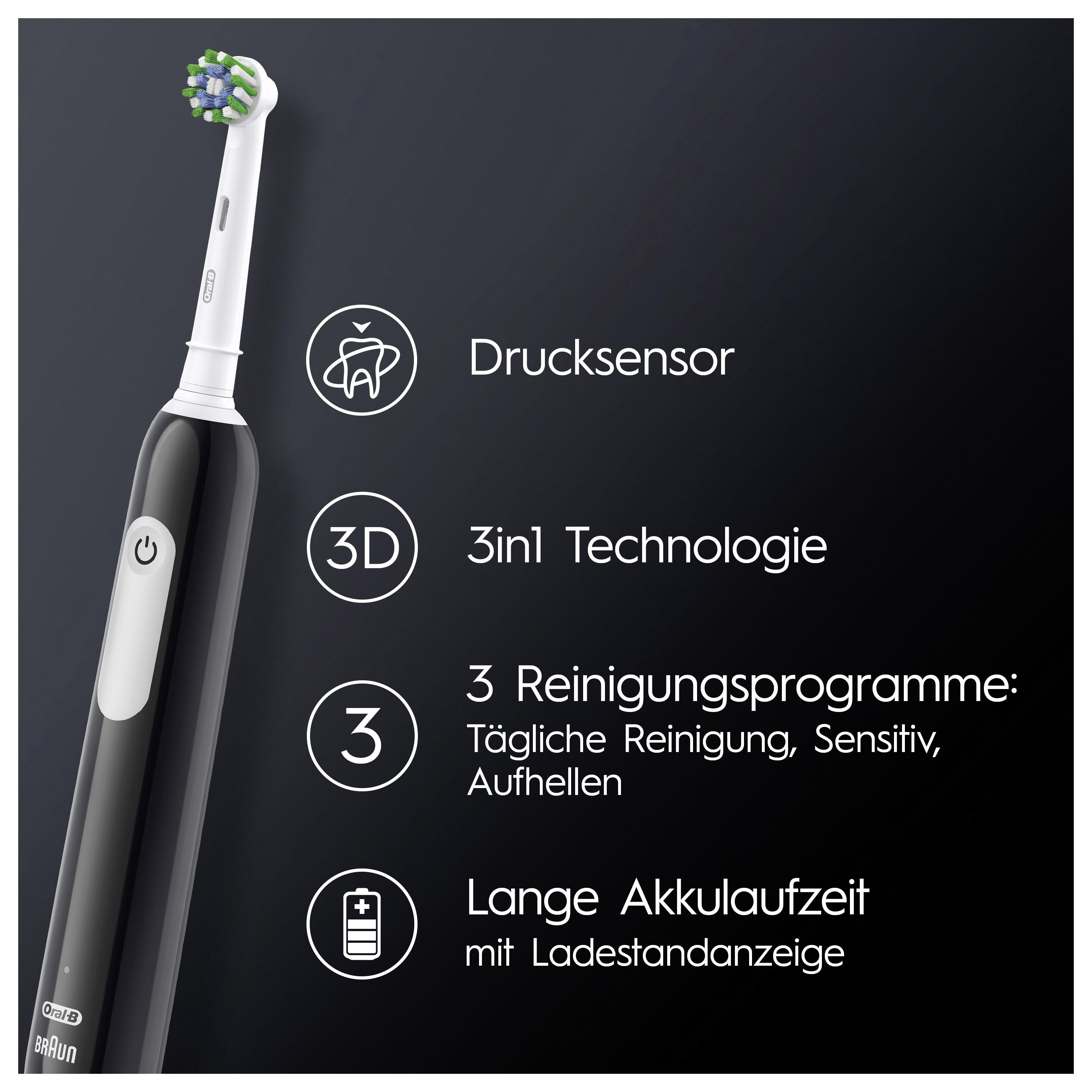 Schwarze elektrische Zahnbürste mit weißem Kopf. Funktionen umfassen Drucksensor und Reinigungsprogramme.