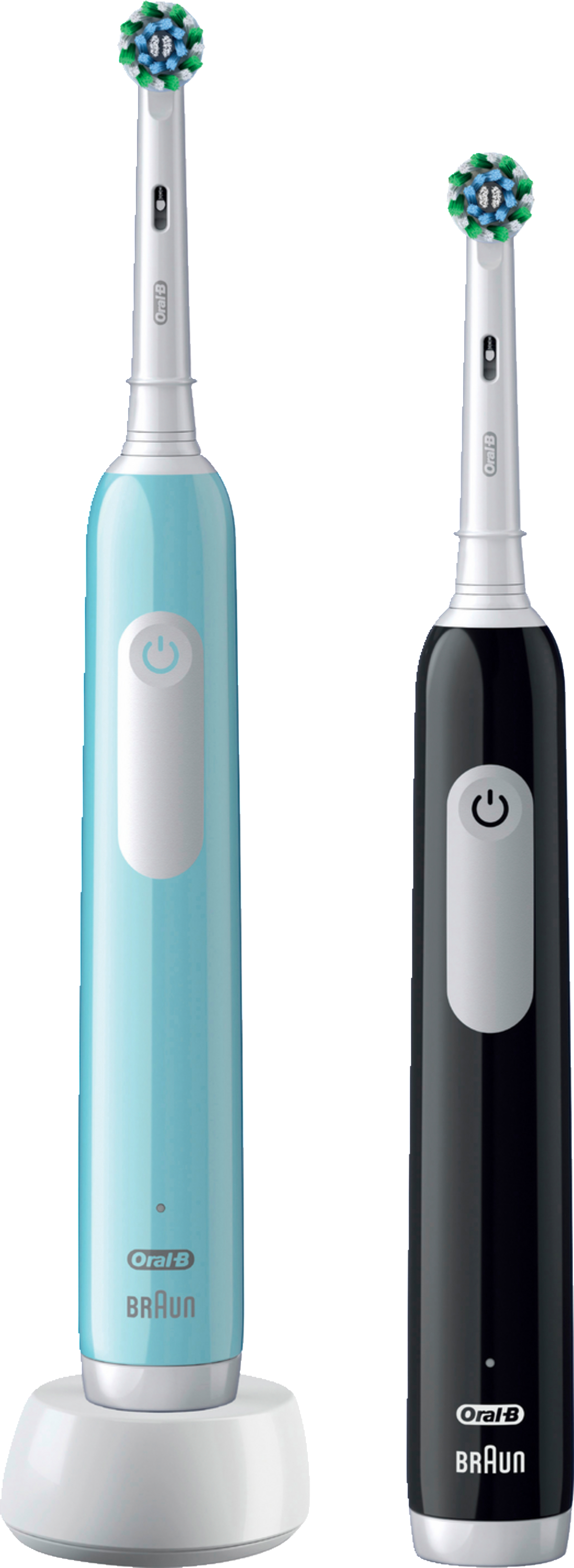 Zwei elektrische Zahnbürsten: eine blaue, eine schwarze, auf weißem Grund.