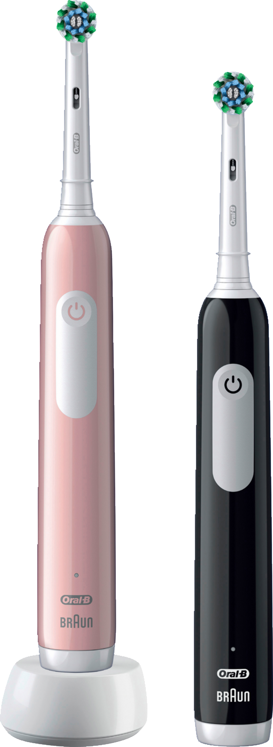 Zwei elektrische Zahnbürsten, eine rosa und eine schwarze.