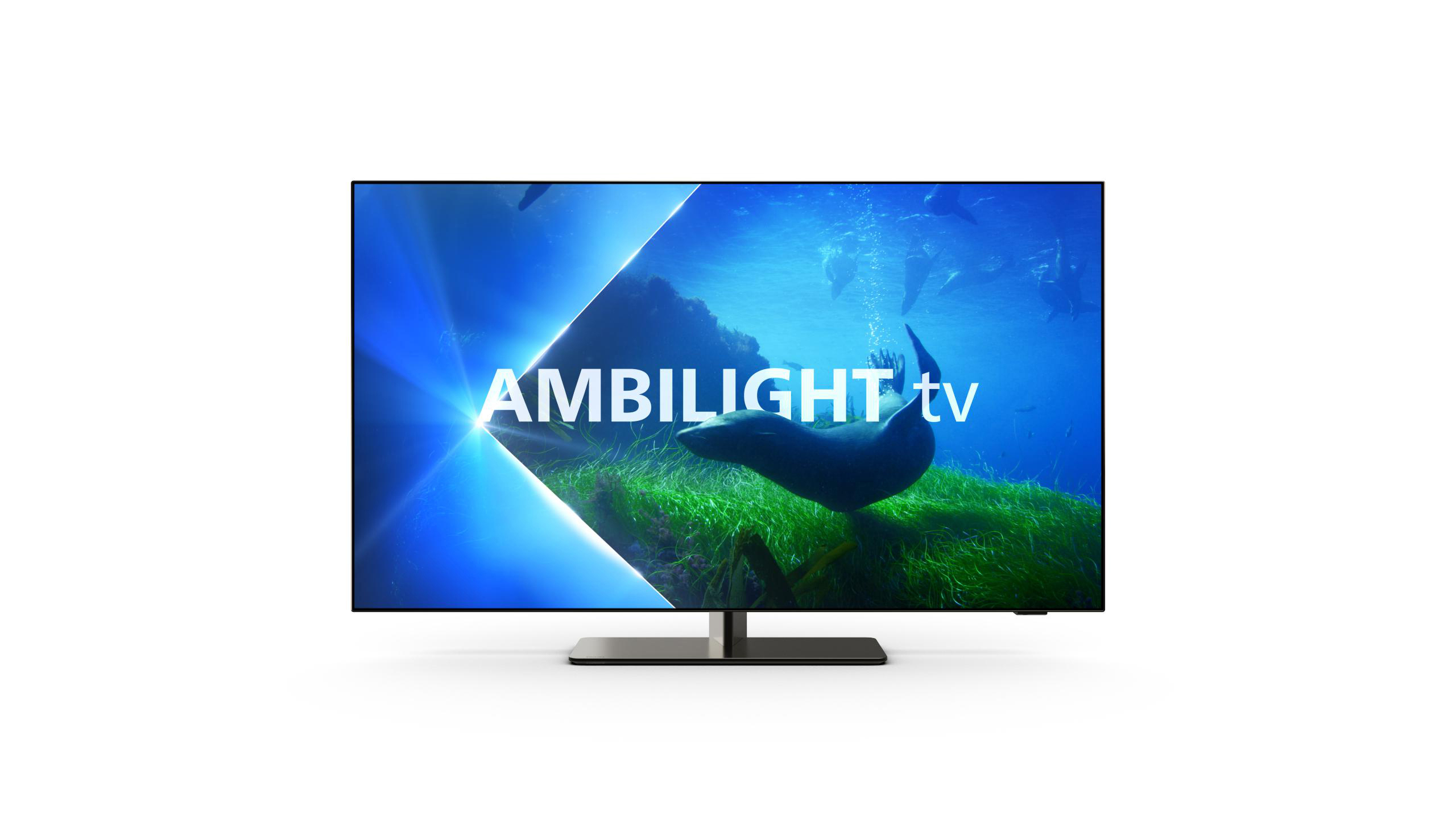 TV zeigt "AMBILIGHT tv" mit Unterwasserszene und einem Seehund.