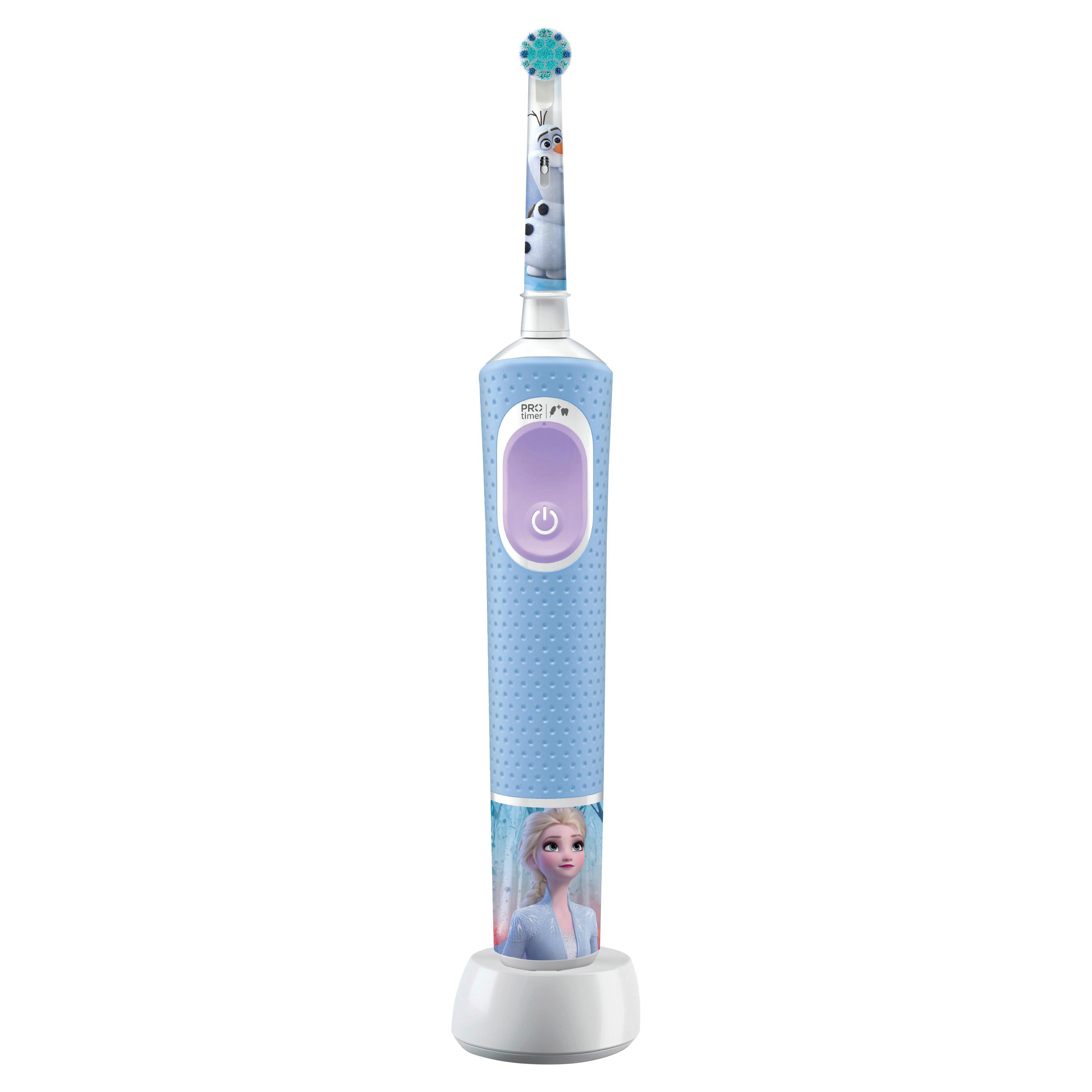 Eine blaue und weiße Zahnbürste im Frozen-Design mit Ständer, mit Elsa und Olaf.