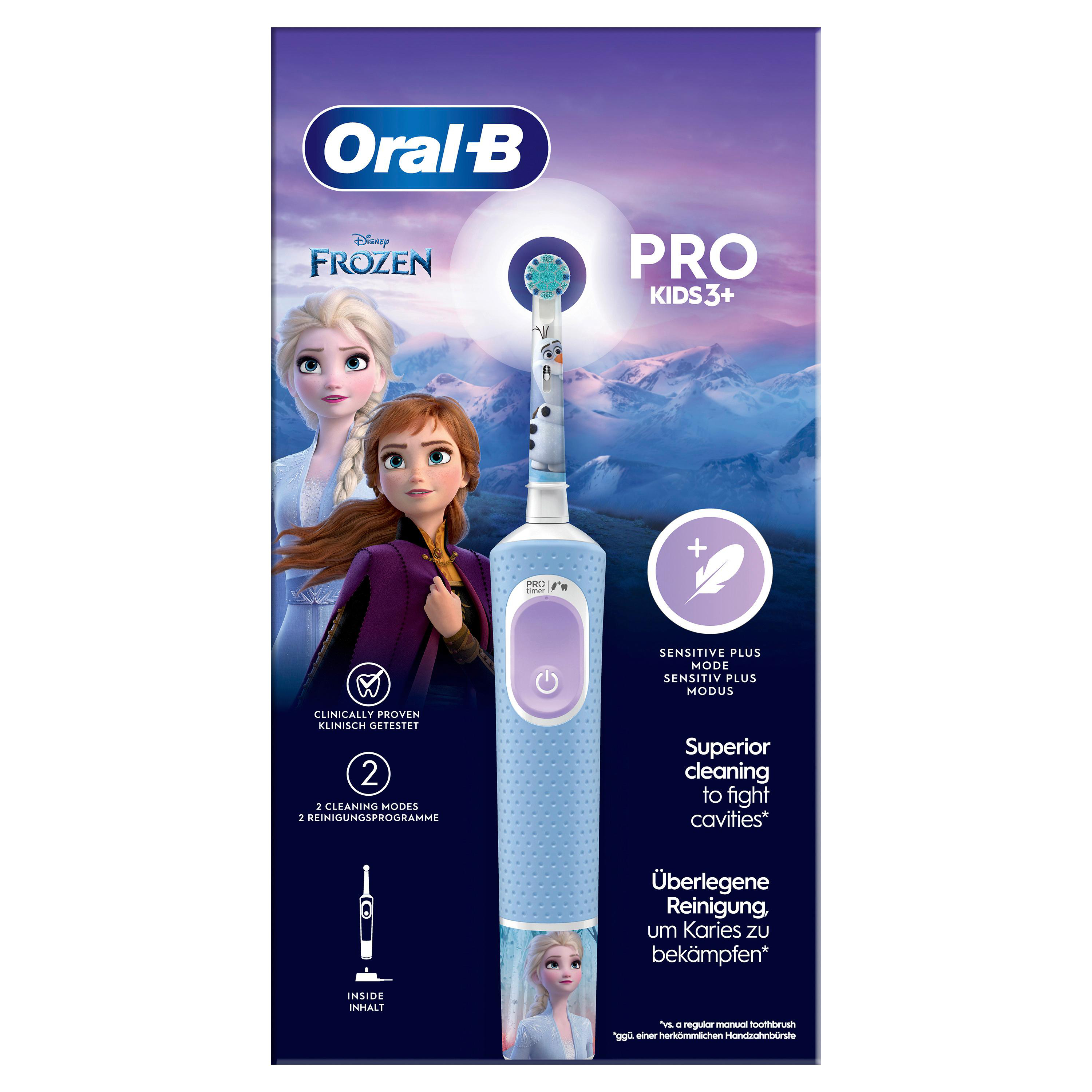 Blaue Oral-B Pro Kids 3+ Zahnbürste mit Frozen-Charakteren. Verpackung zeigt Anna und Elsa.