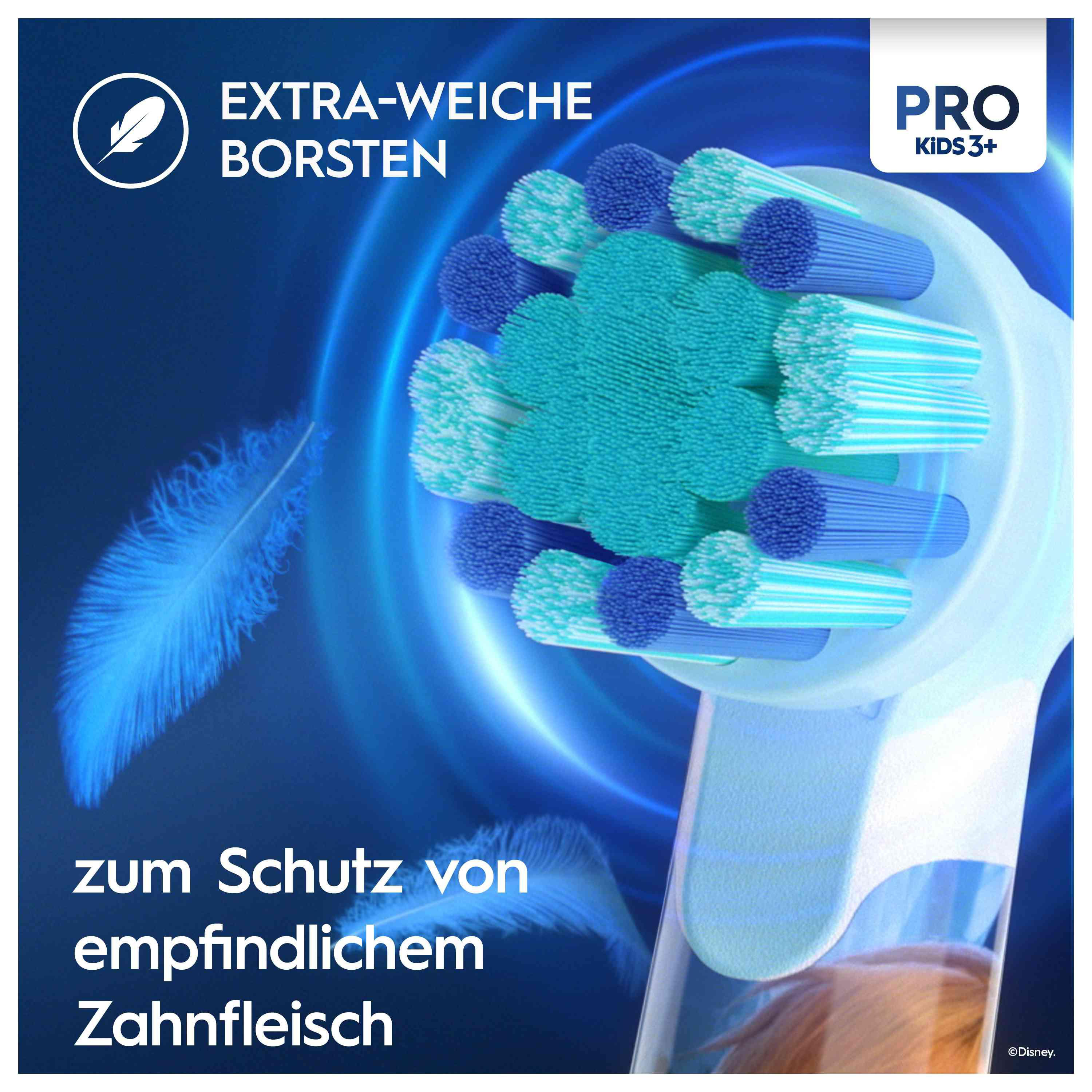 Eine Zahnbürstenkopf mit blauen und grünen Borsten. Text auf Deutsch über weiche Borsten.