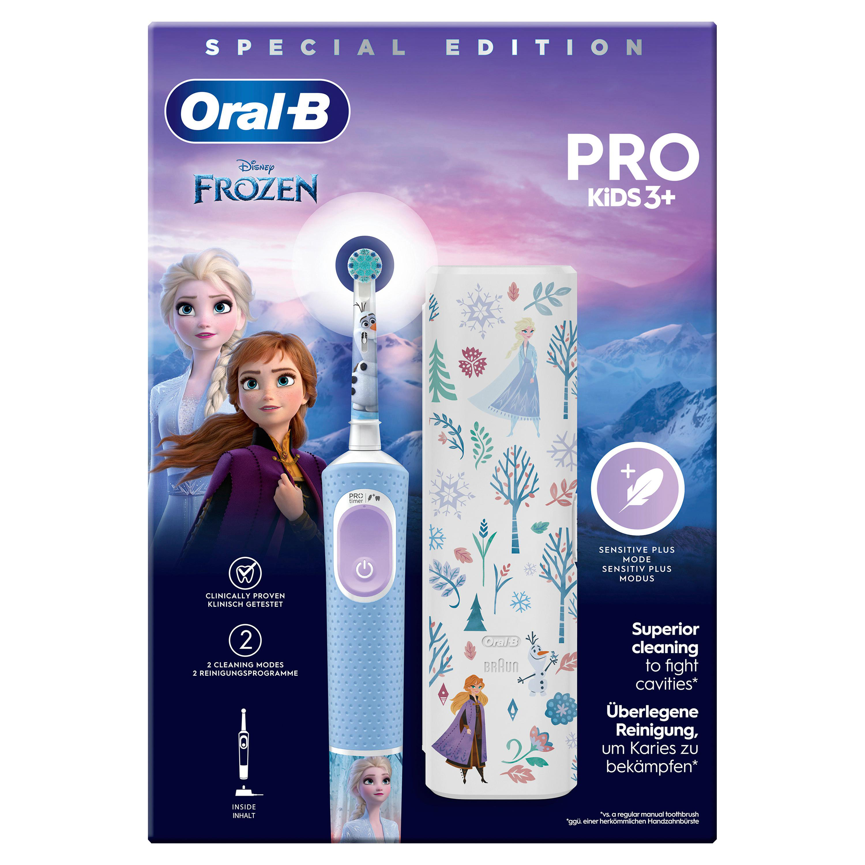 Eine Oral-B Pro Kids Zahnbürste mit Frozen-Motiv, mit der Verpackung.