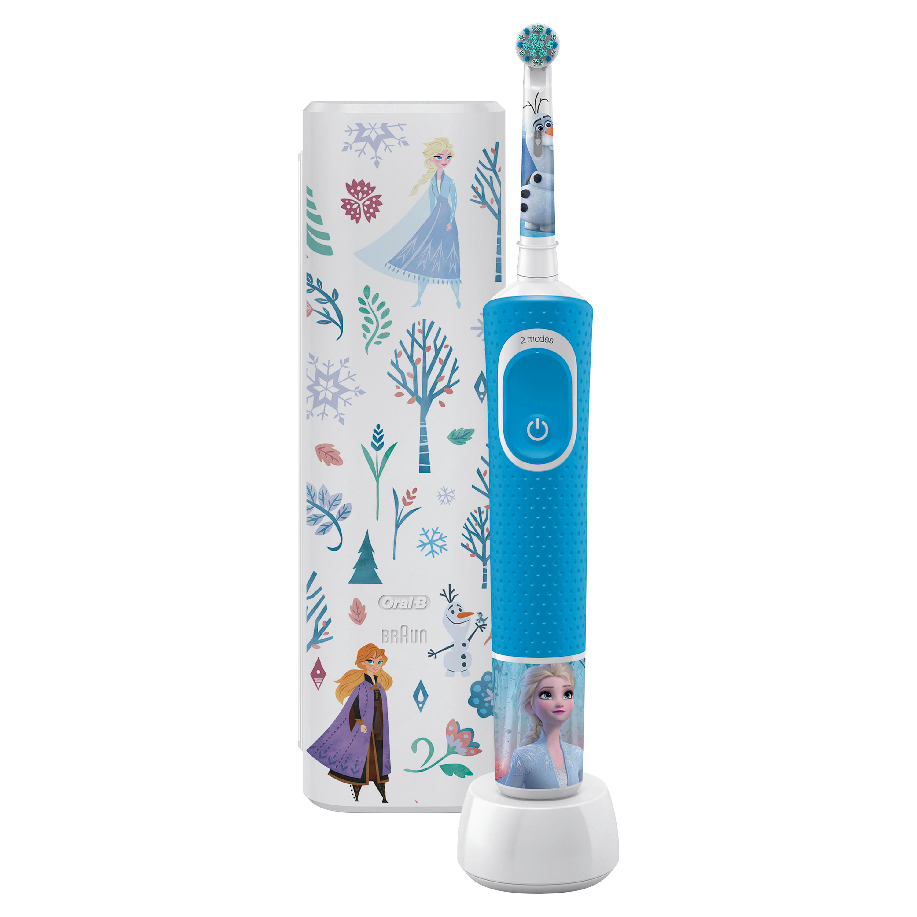Eine elektrische Zahnbürste Oral-B Frozen und Ladestation mit Bildern von Elsa und Olaf auf der Bürste.