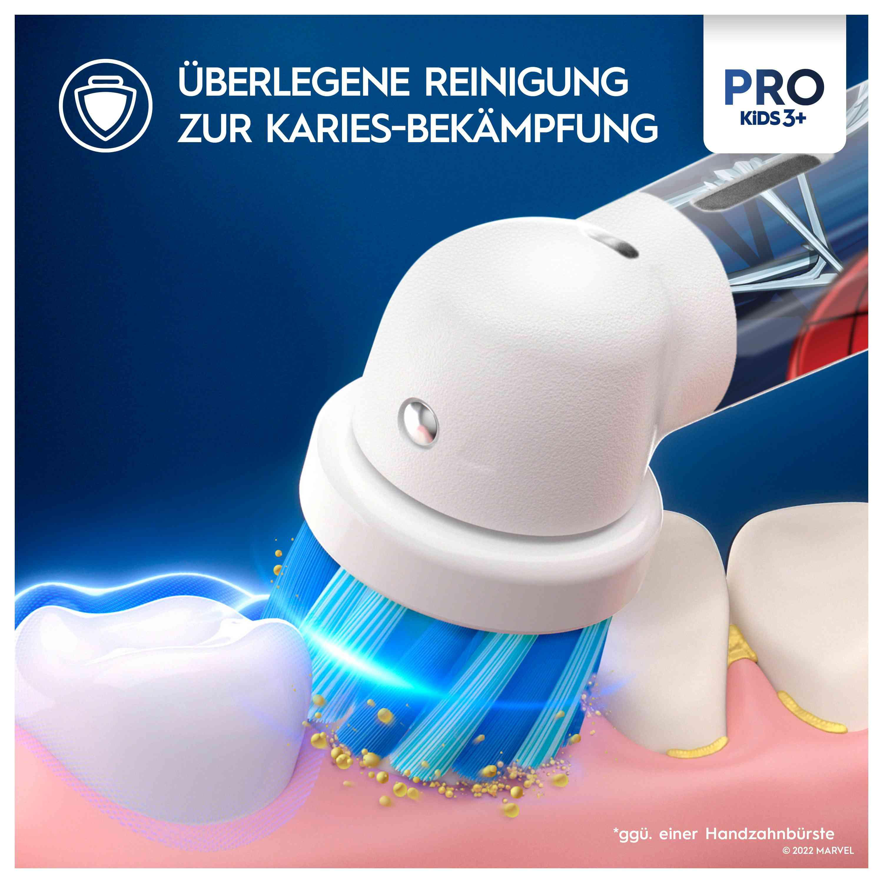 Ein Zahnbürstenkopf, der Zähne putzt. Die Bürste ist blau, und die Zähne sind weiß dargestellt.