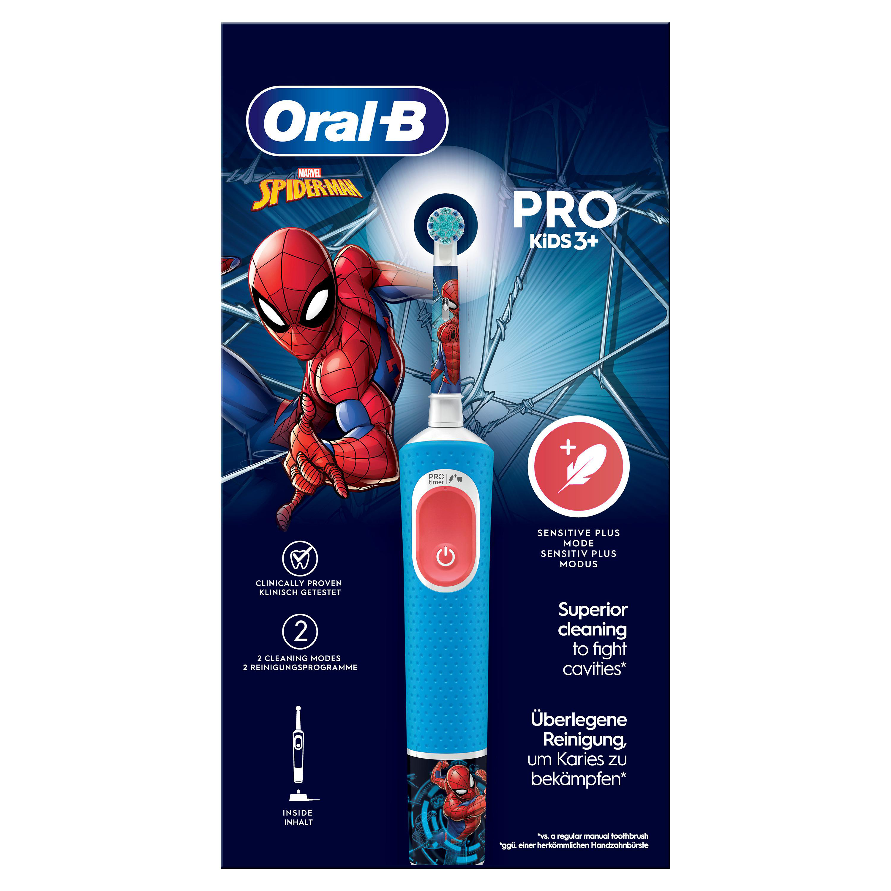 Oral-B Pro Kids 3+ Zahnbürste mit Spider-Man-Design, auf blauem Hintergrund.