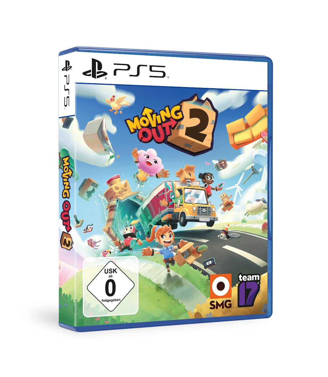 PS5-Spielbox mit Moving Out 2 Cover-Art, die Zeichentrickfiguren und einen LKW zeigt.