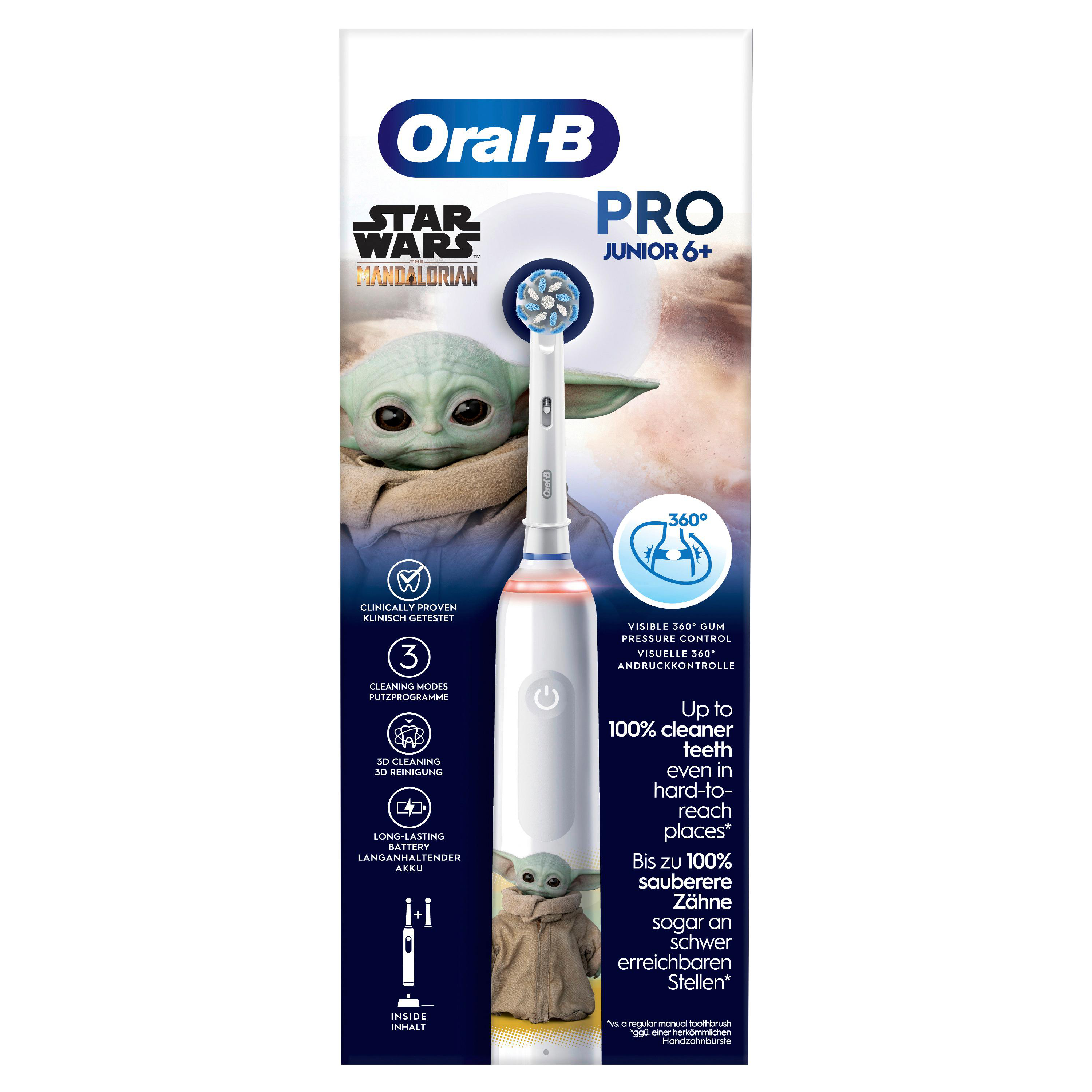 Oral-B Pro Junior Zahnbürste mit Star Wars Mandalorian-Motiv. Baby Yoda ist auf der Box und Bürste.