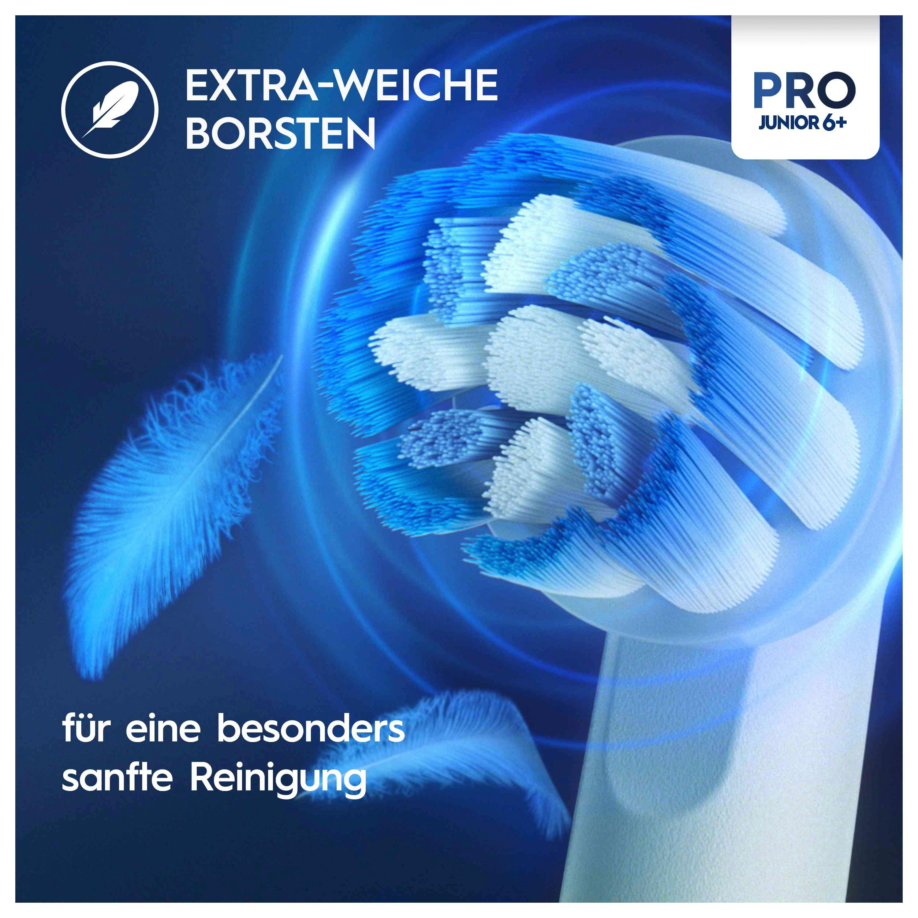 Nahaufnahme eines Zahnbürstenkopfes mit blauen und weißen Borsten. Das Bild zeigt eine Federgrafik.
