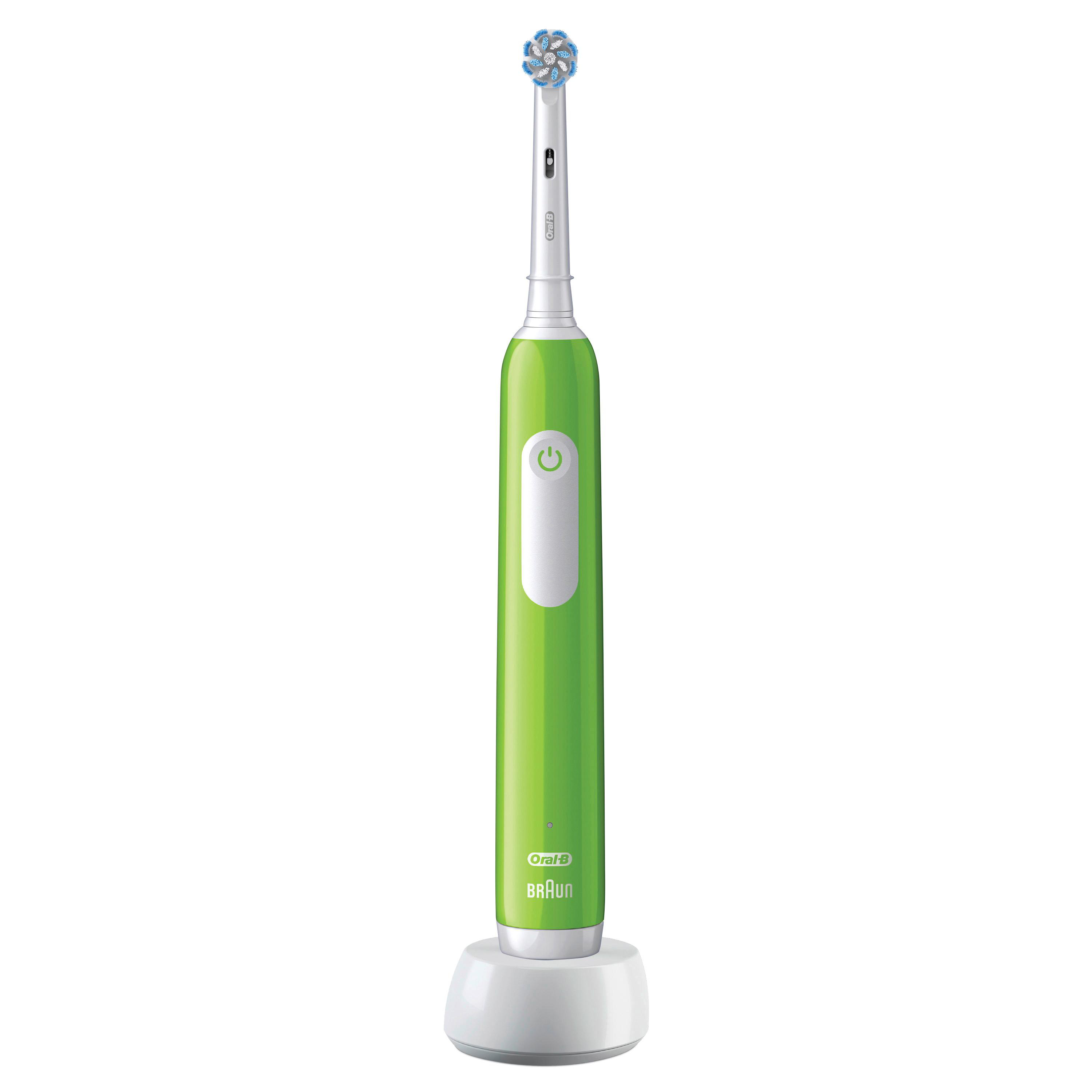 Eine grüne elektrische Zahnbürste auf einer weißen Ladestation. Die Zahnbürste hat einen weißen Knopf und Oral-B-Logo.