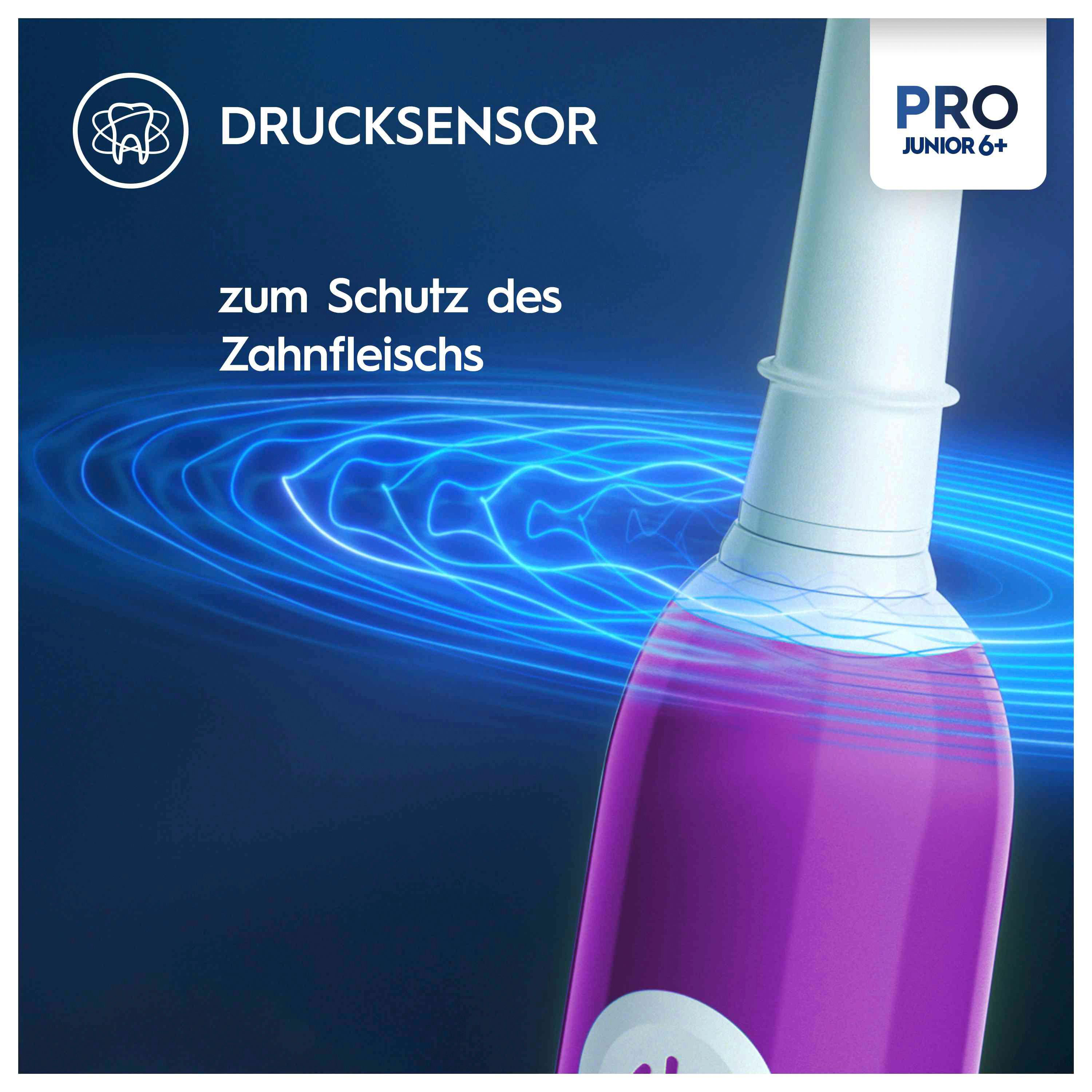 Eine Zahnbürste mit lila Griff. Text sagt 'Drucksensor' und 'Zum Schutz des Zahnfleischs'.