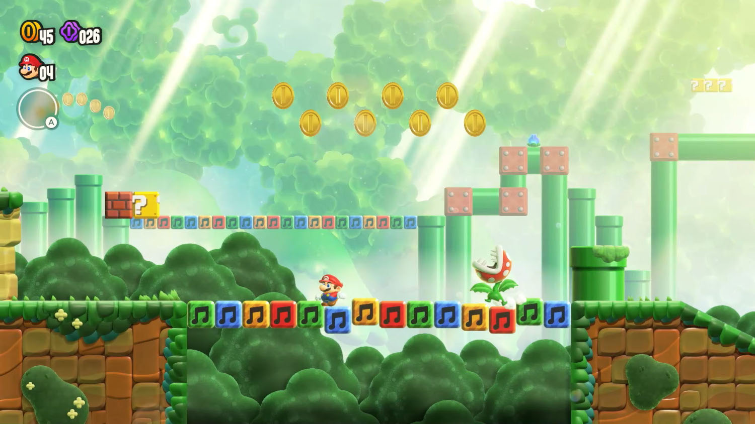 Een videogame scène met Mario op een platform met muzieknoten en munten in een heldergroene omgeving.
