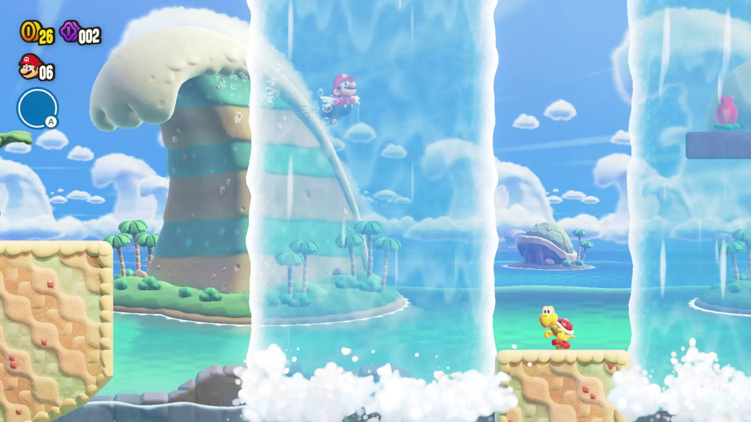 Een Mario-gamescène met Mario die in een waterval springt en een gele Yoshi.