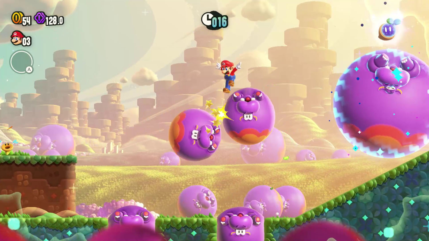 Mario springt in een kleurrijke videogame scène. Zwevende platforms en vijanden zijn aanwezig.