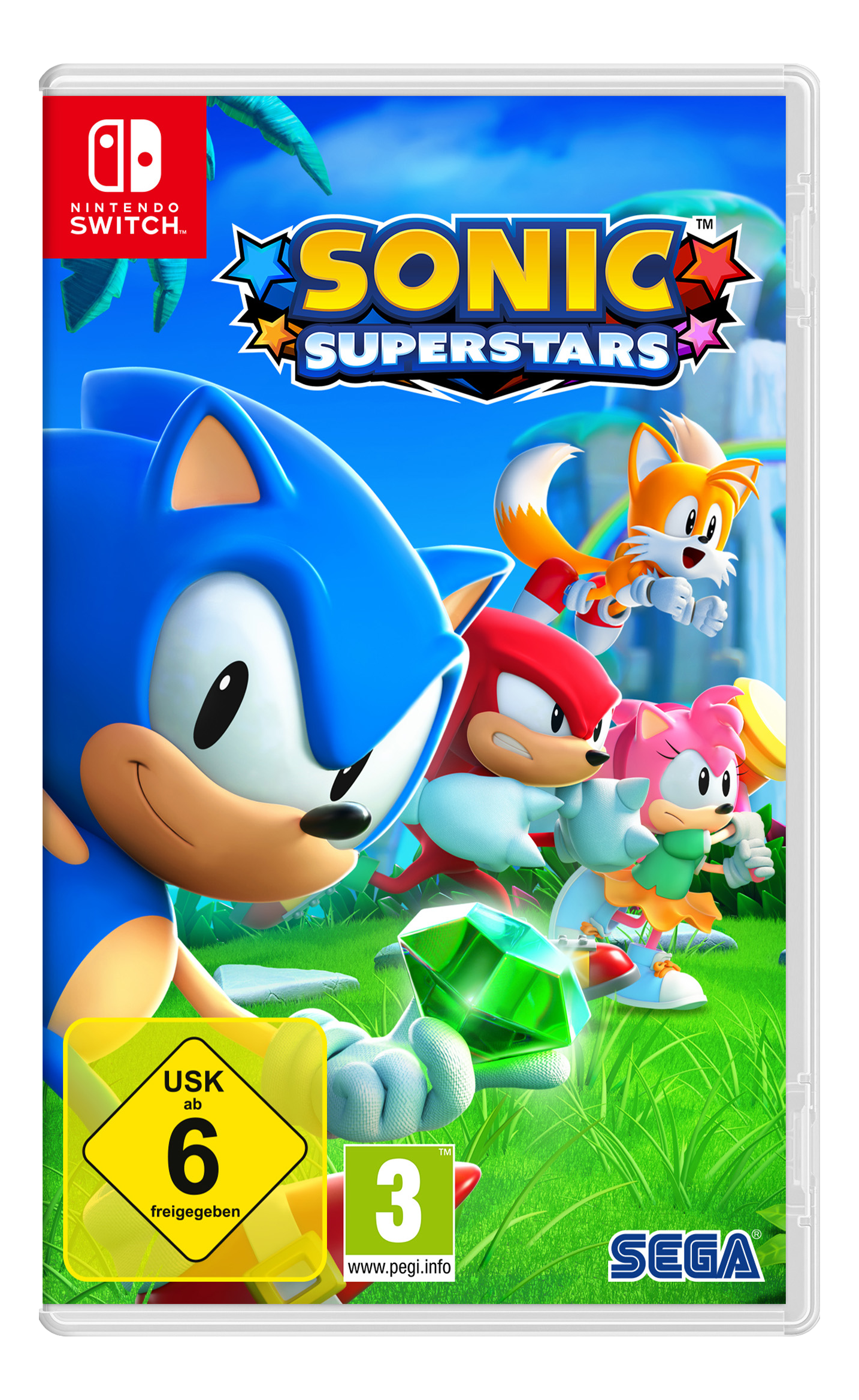 Custodia del gioco Sonic Superstars con Sonic, Tails, Knuckles, Amy e una gemma verde.