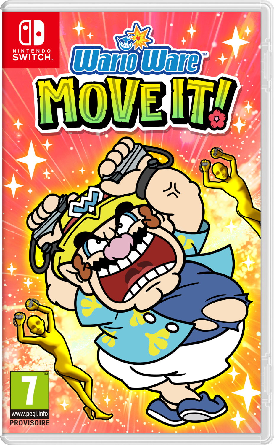 Boîte de jeu pour 'WarioWare: Move It!' avec Wario de dessin animé et autres personnages.