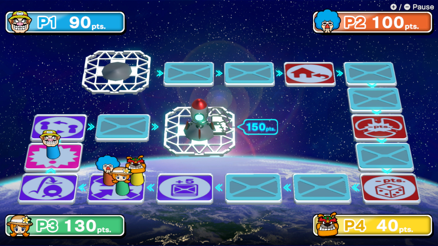 Un jeu de société dans l'espace, avec des joueurs et une fusée au centre.