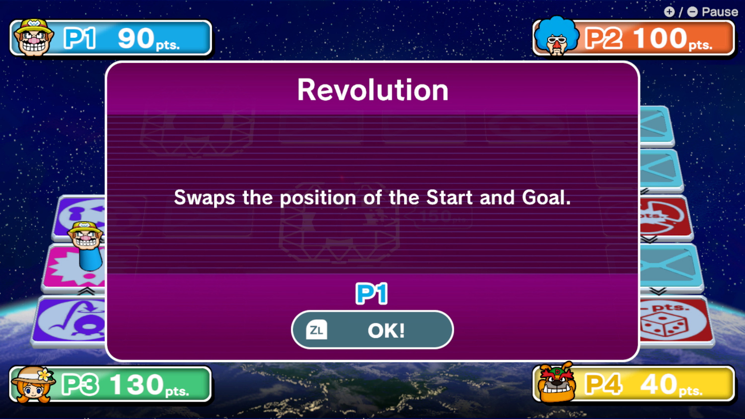 Écran de jeu montrant un plateau avec des points et un événement "Révolution" qui échange les positions de départ et d'arrivée.