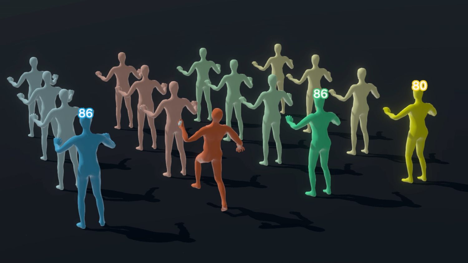 Un groupe de personnages humains stylisés, numérotés 80 et 86. Ils sont de différentes couleurs.