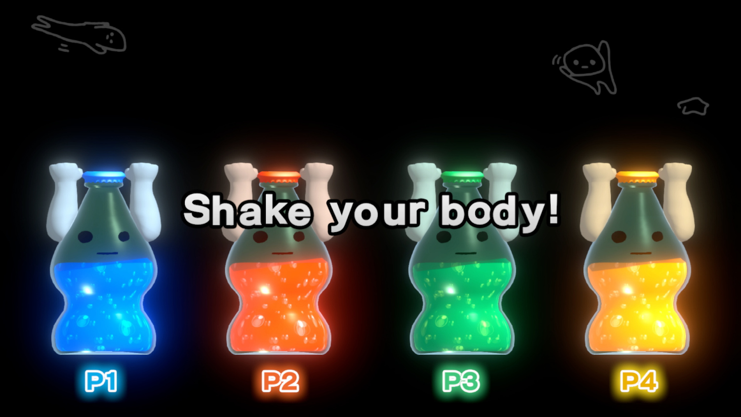 Quatre bouteilles de dessins animés avec des bras. Le texte dit 'Shake your body!'