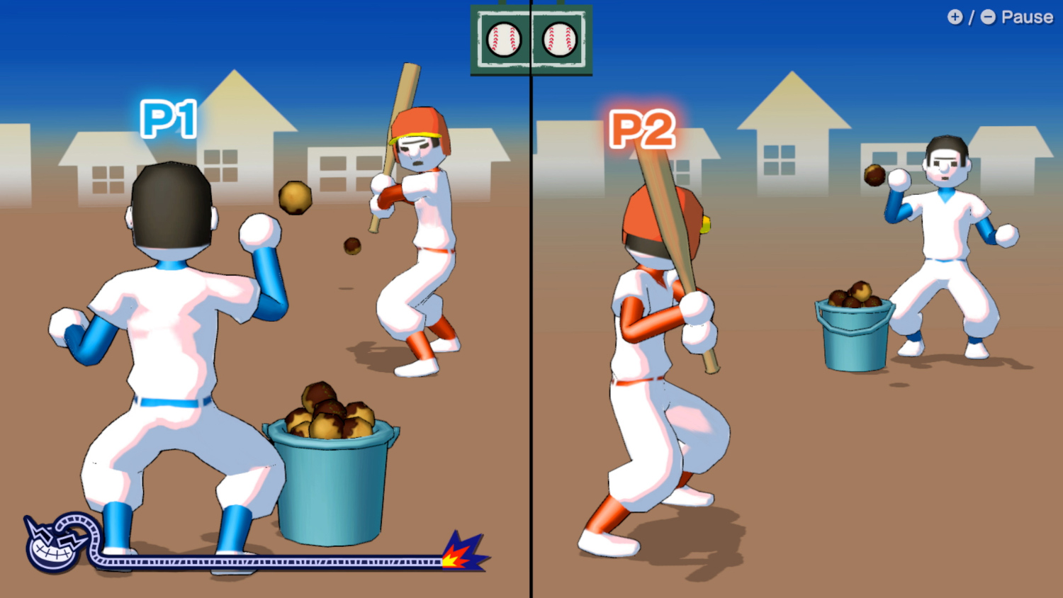 Un écran de jeu vidéo de baseball avec deux joueurs face à face, l'un bat, l'autre lance.