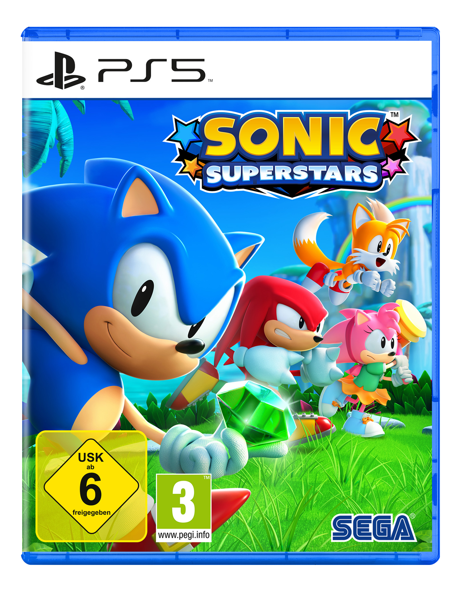 Sonic Superstars PS5-Spielcover mit Sonic, Tails, Knuckles und Amy Rose in einem Dschungel.