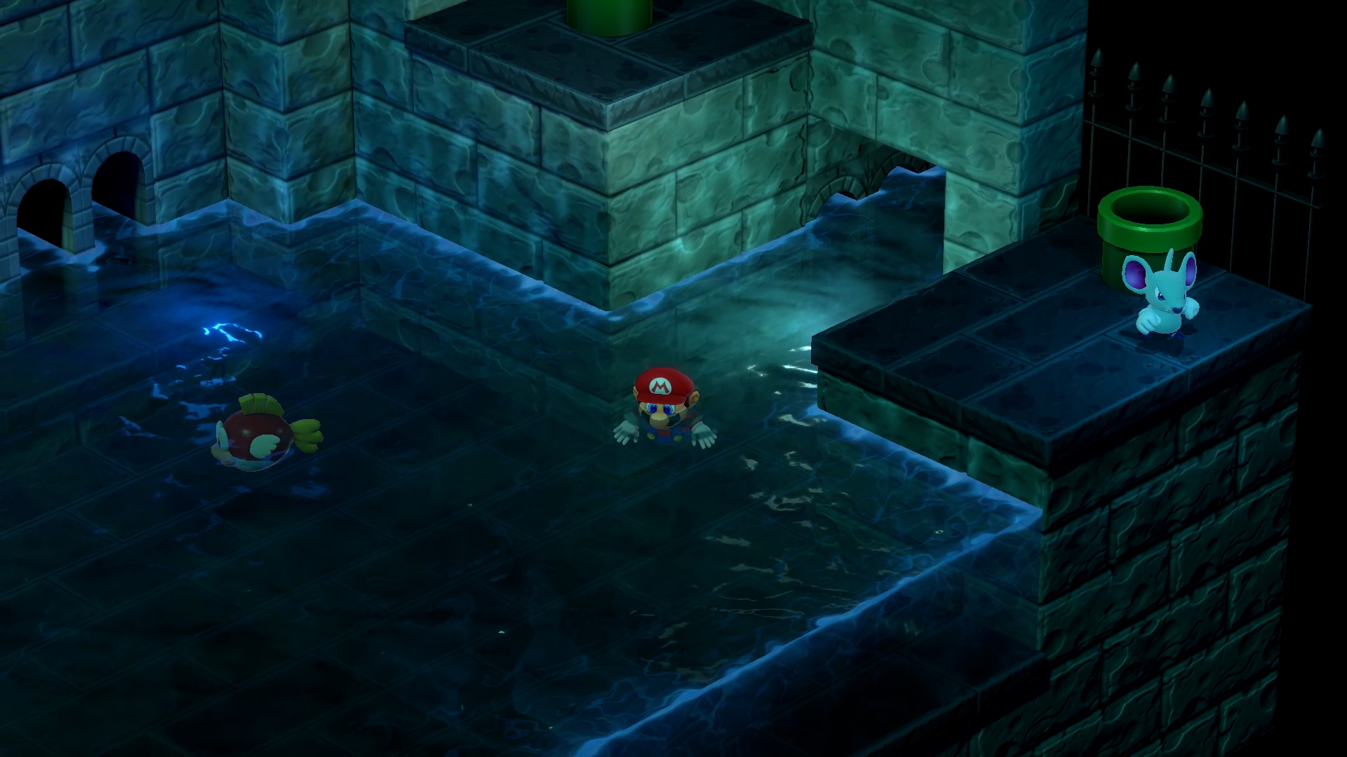 Mario dans un donjon inondé. Un poisson et une souris sont présents. La scène est sombre et ombragée.