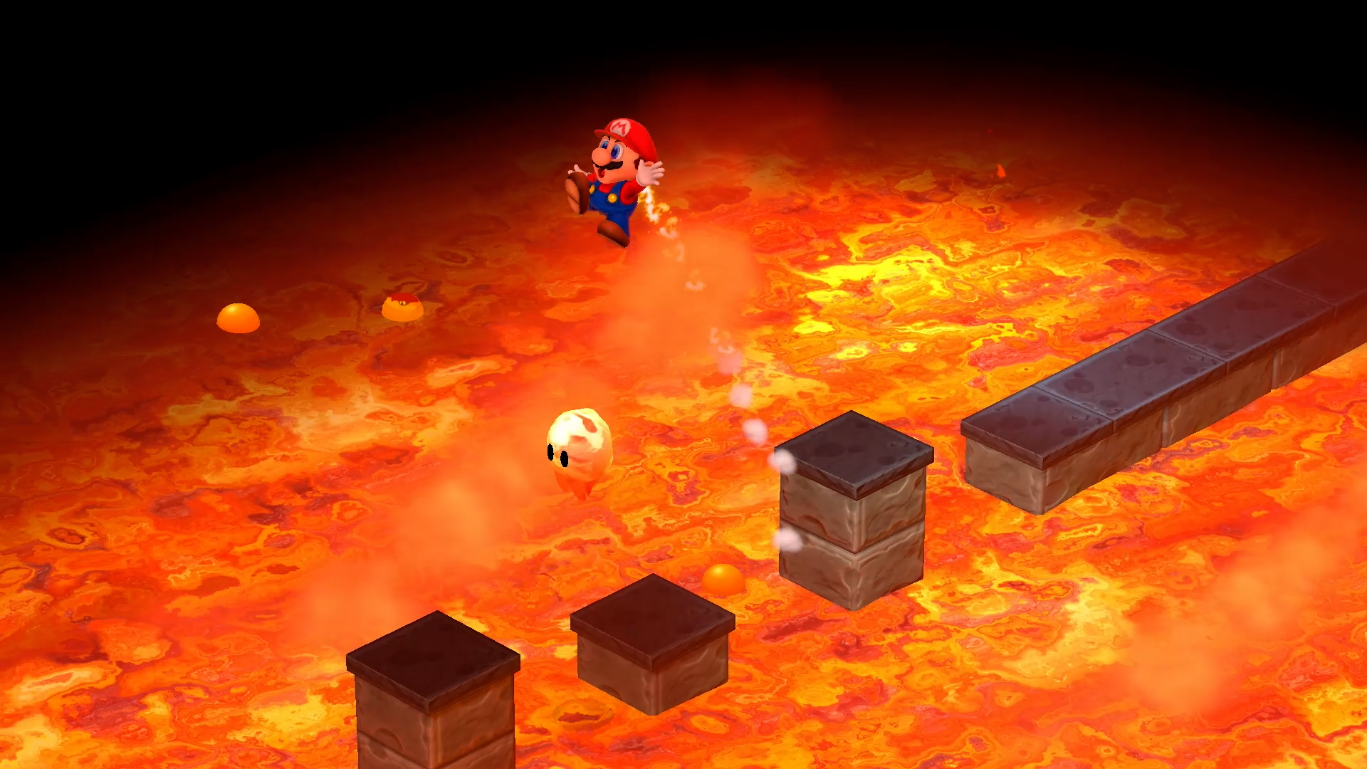 Mario saute au-dessus de la lave. Plateformes et un fantôme visibles. Fond: paysage de lave en feu.
