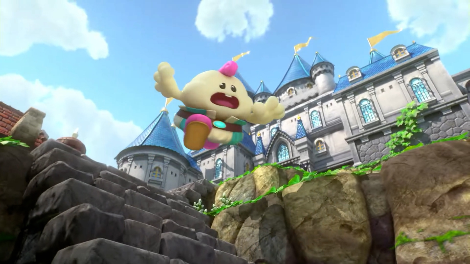 Un personnage de dessin animé sautant devant un château. Il y a des escaliers au premier plan.