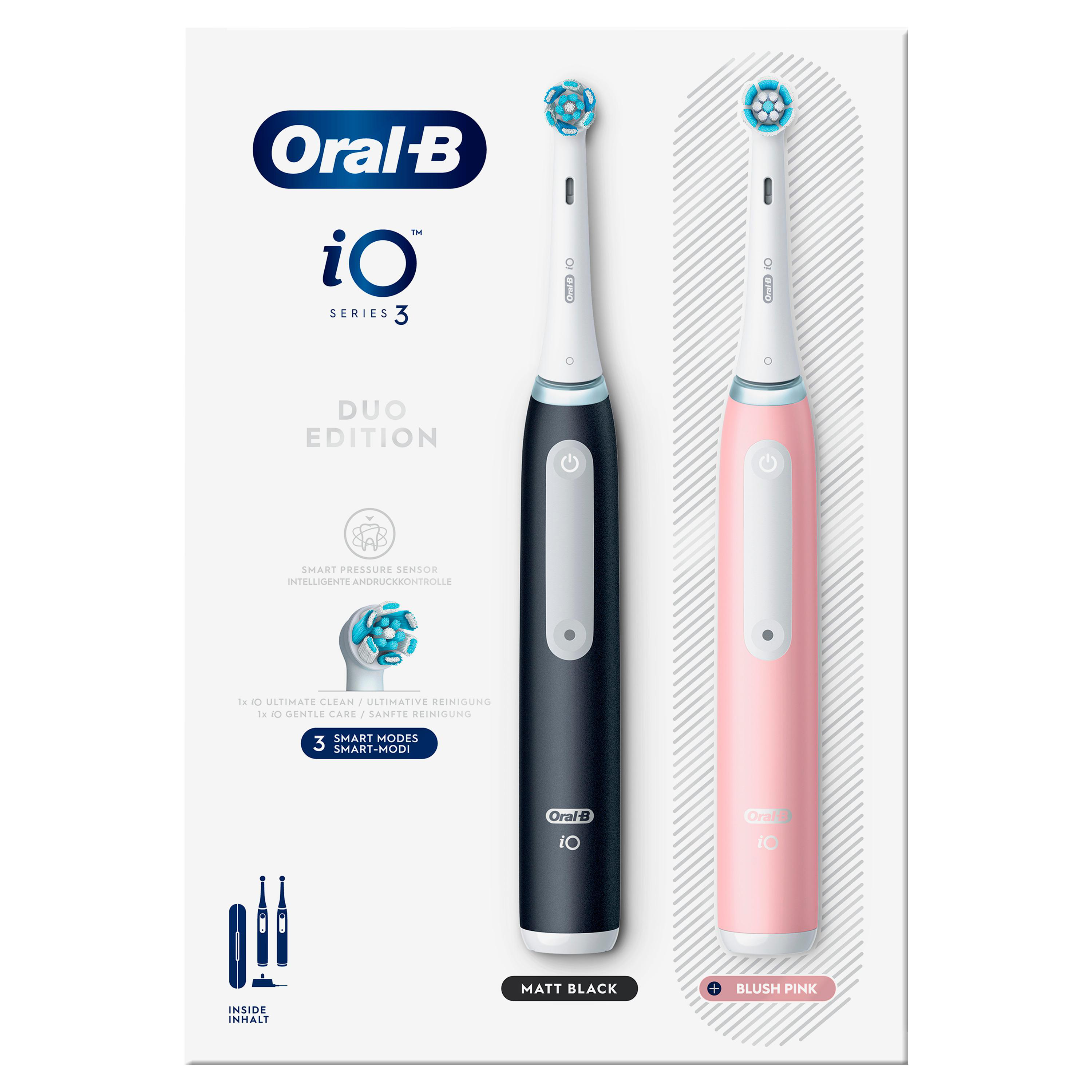 Zwei elektrische Zahnbürsten: schwarz und rosa, mit Oral-B-Verpackung.