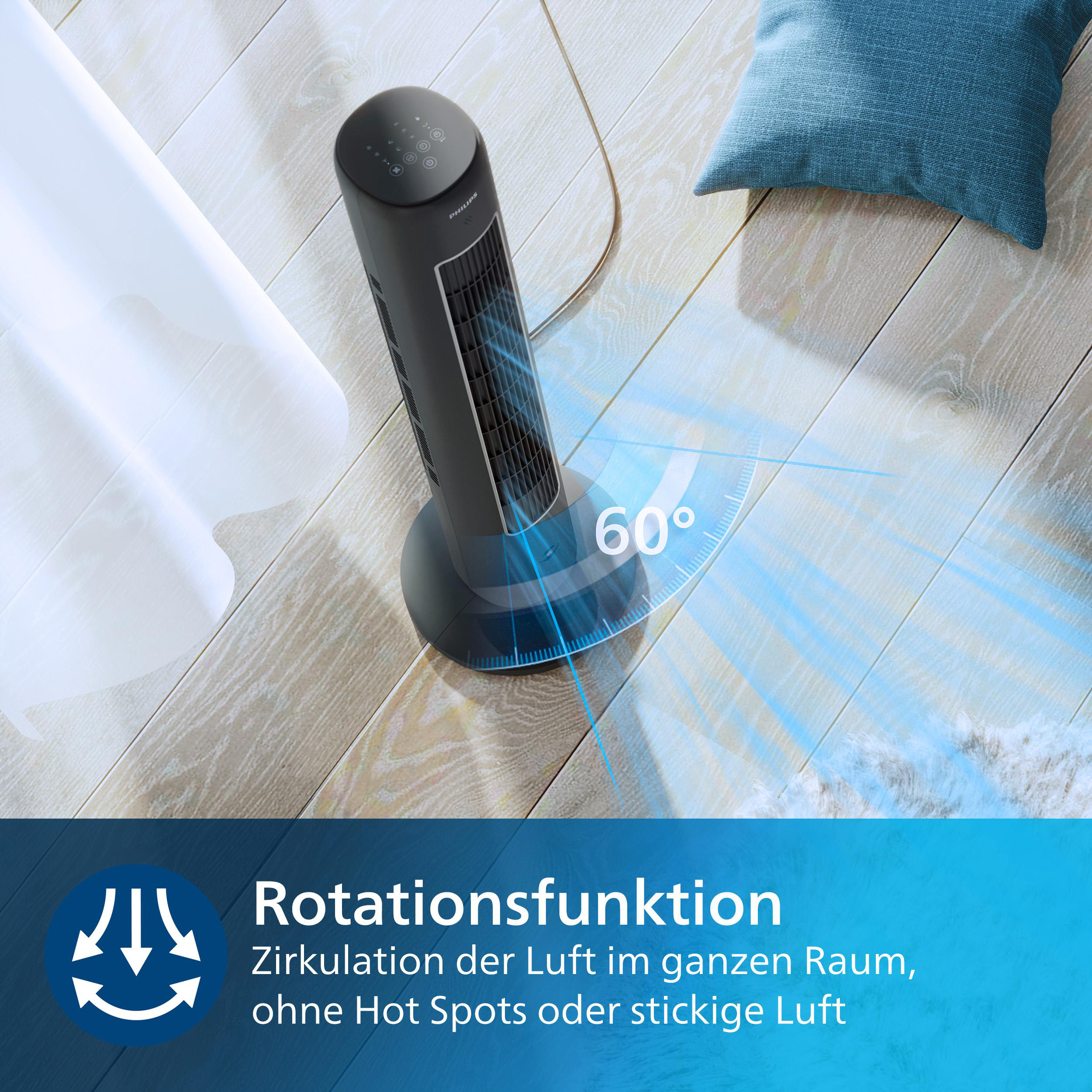 Schwarzer Turmventilator mit 60-Grad-Rotationsanzeige, auf hellem Holzboden.
