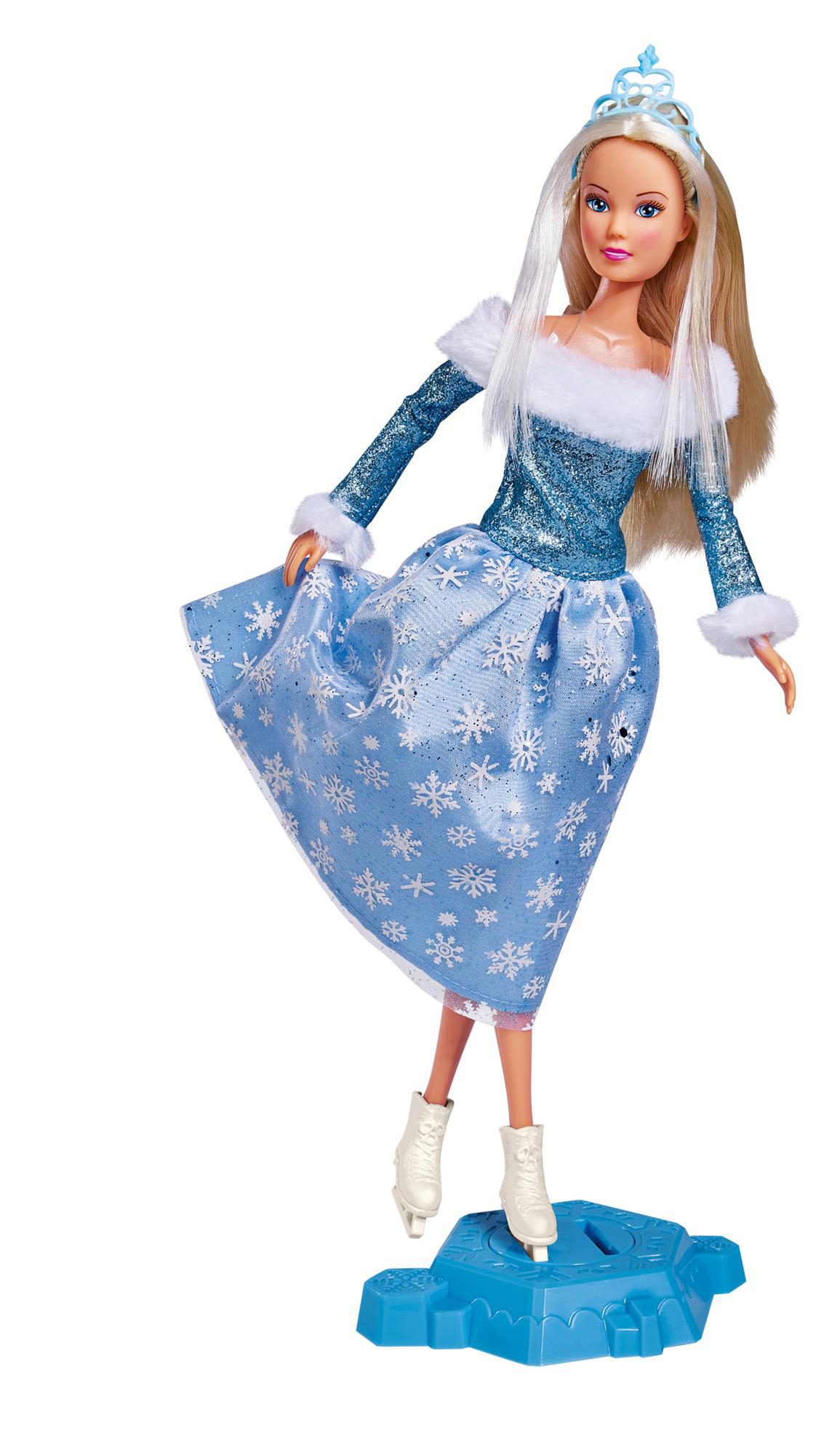 Puppe in blauem Kleid, Schlittschuhlaufen auf blauem Podest, blondes Haar, Tiara.