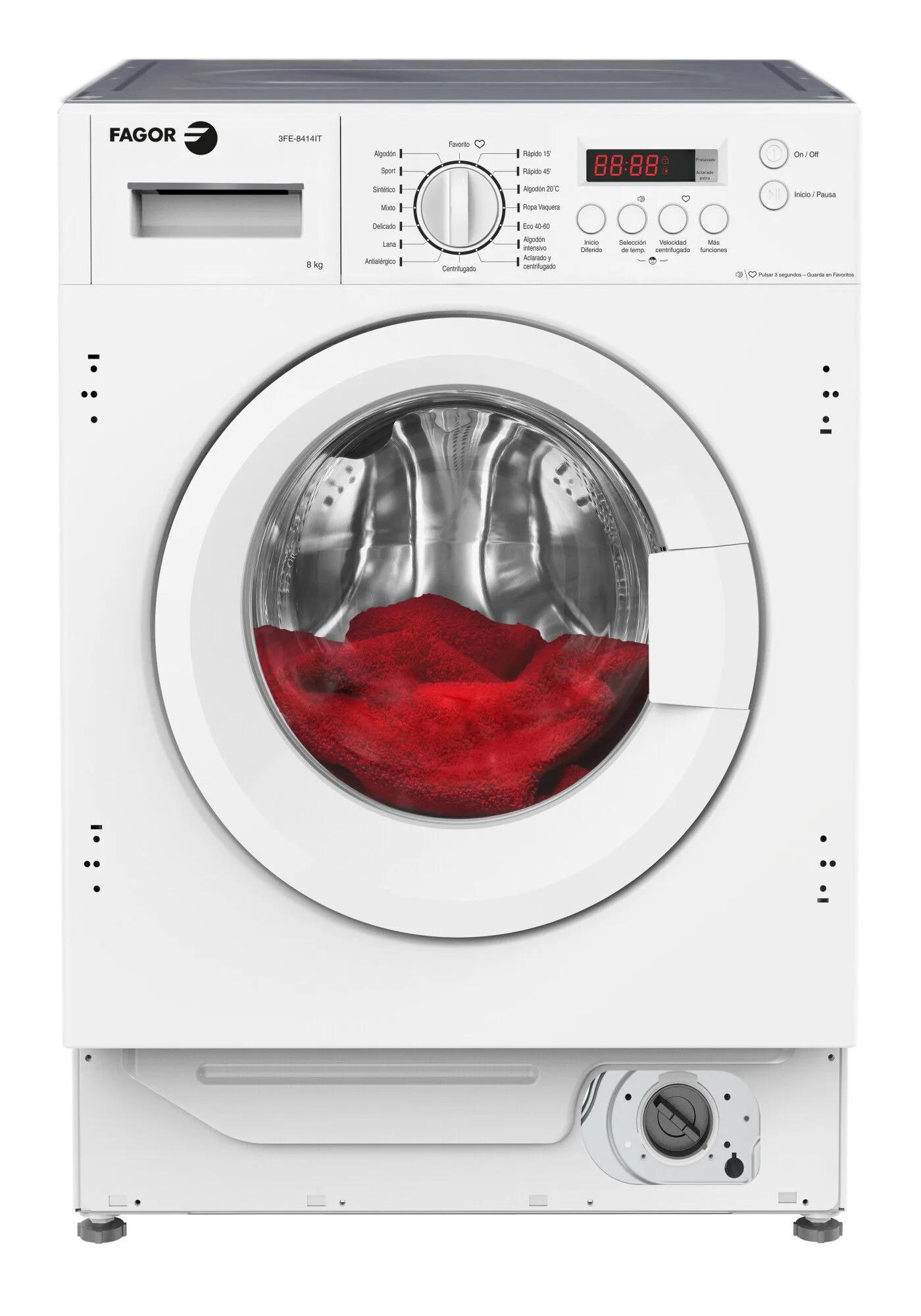 Lavadora blanca con logotipo de Fagor. Tela roja dentro de la puerta abierta.