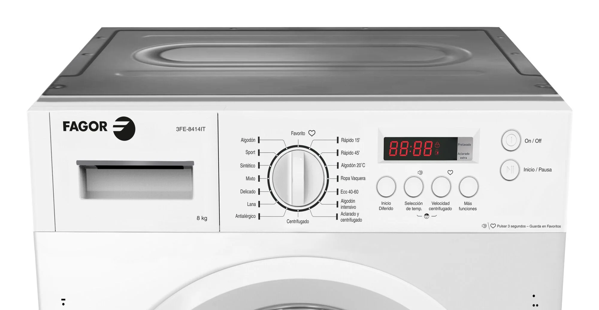 Una lavadora Fagor blanca. Tiene un panel de control con un dial y una pantalla digital.