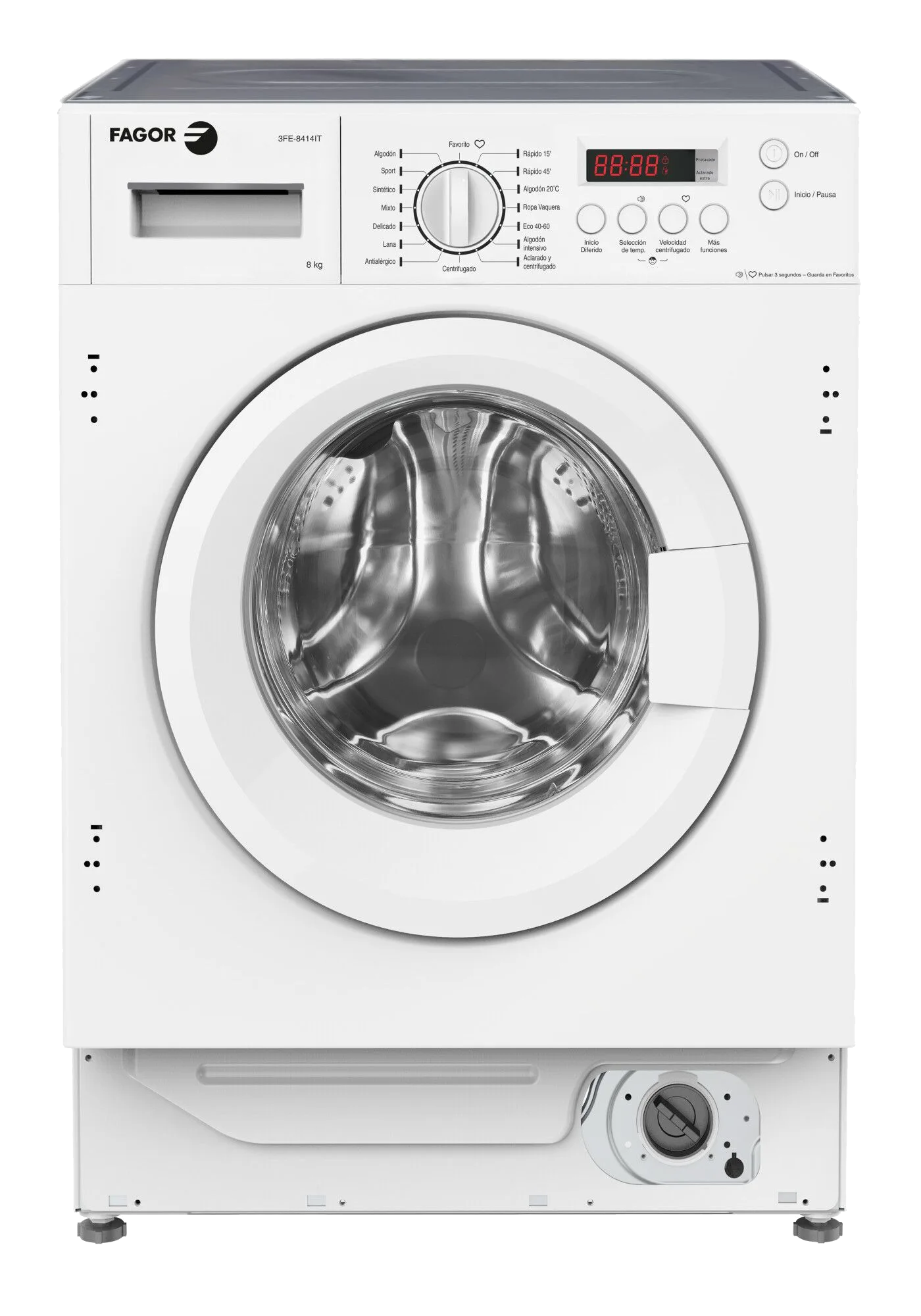 Lavadora blanca con puerta frontal. Panel de control, pantalla digital y detalles cromados.
