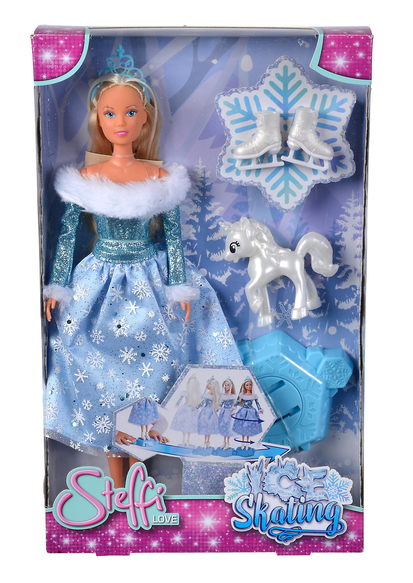Steffi Love Puppe in einem blauen Kleid. Enthält Schlittschuhe, ein Pferd und einen Schneeflockenständer.