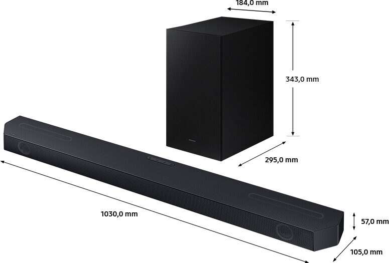 Czarny soundbar z czarnym subwooferem z wymiarami w mm.