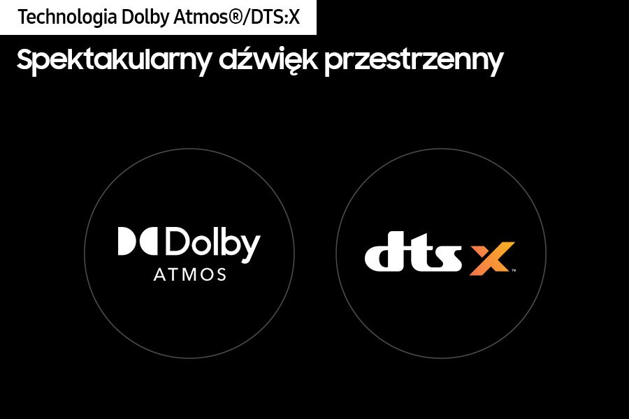 Loga Dolby Atmos i DTS:X na czarnym tle. Tekst powyżej brzmi „Spektakularny dźwięk przestrzenny”.