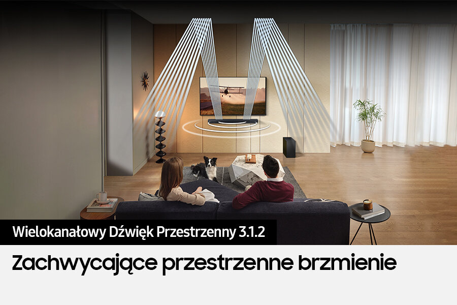 Salon z telewizorem i wiązkami dźwięku. Para i psy na kanapie.
