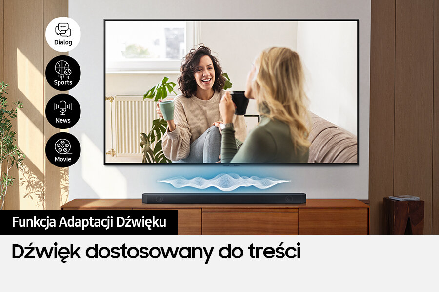 Ekran telewizora wyświetla parę, z ikonami opcji dźwięku i listwą dźwiękową poniżej.