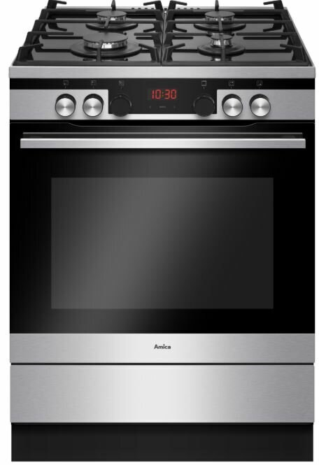 Piekarnik ze stali nierdzewnej z czterema palnikami i zegarem cyfrowym. Drzwi piekarnika są czarne.